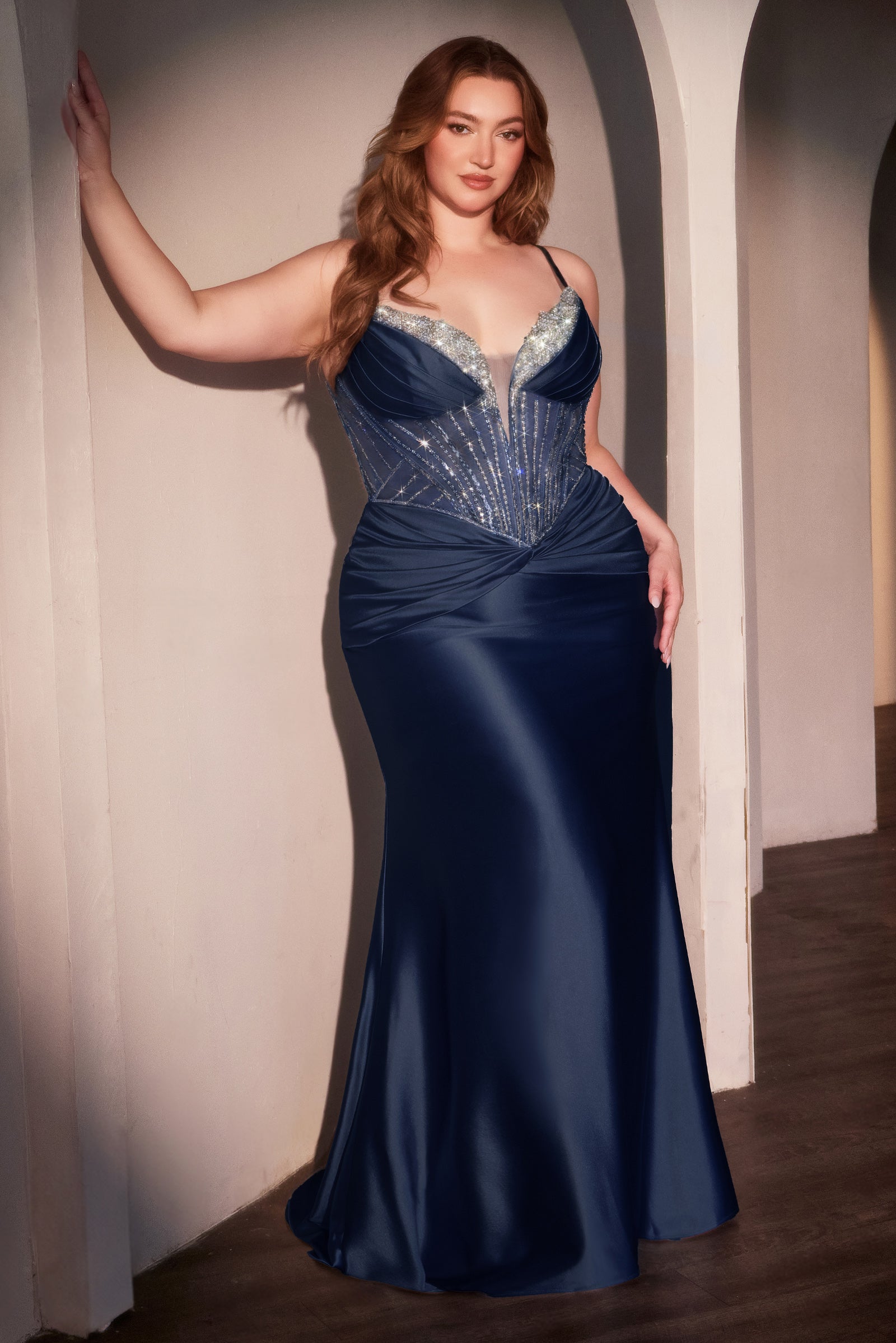 Plus Size Beaded Satin V-Neck Gown by Ladivine CD752C Cinderella Divine