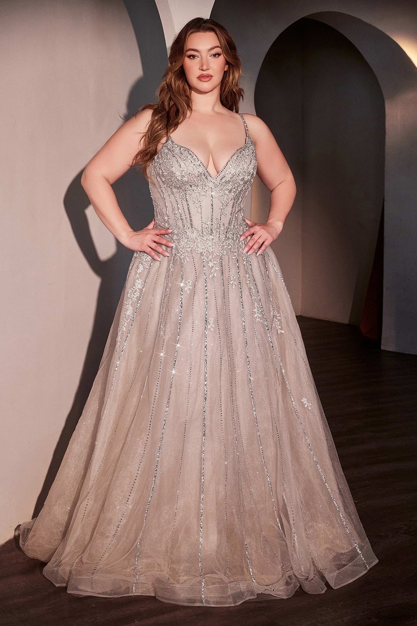 Plus Size Beaded Tulle A-line Gown by Ladivine CD786C Cinderella Divine