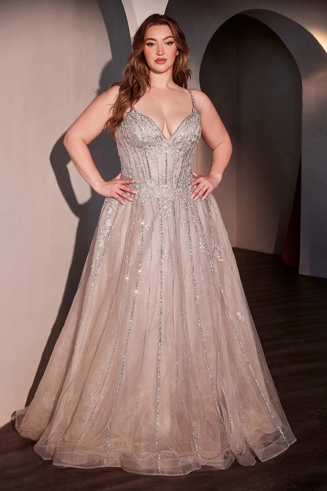 Plus Size Beaded Tulle A-line Gown by Ladivine CD786C Cinderella Divine