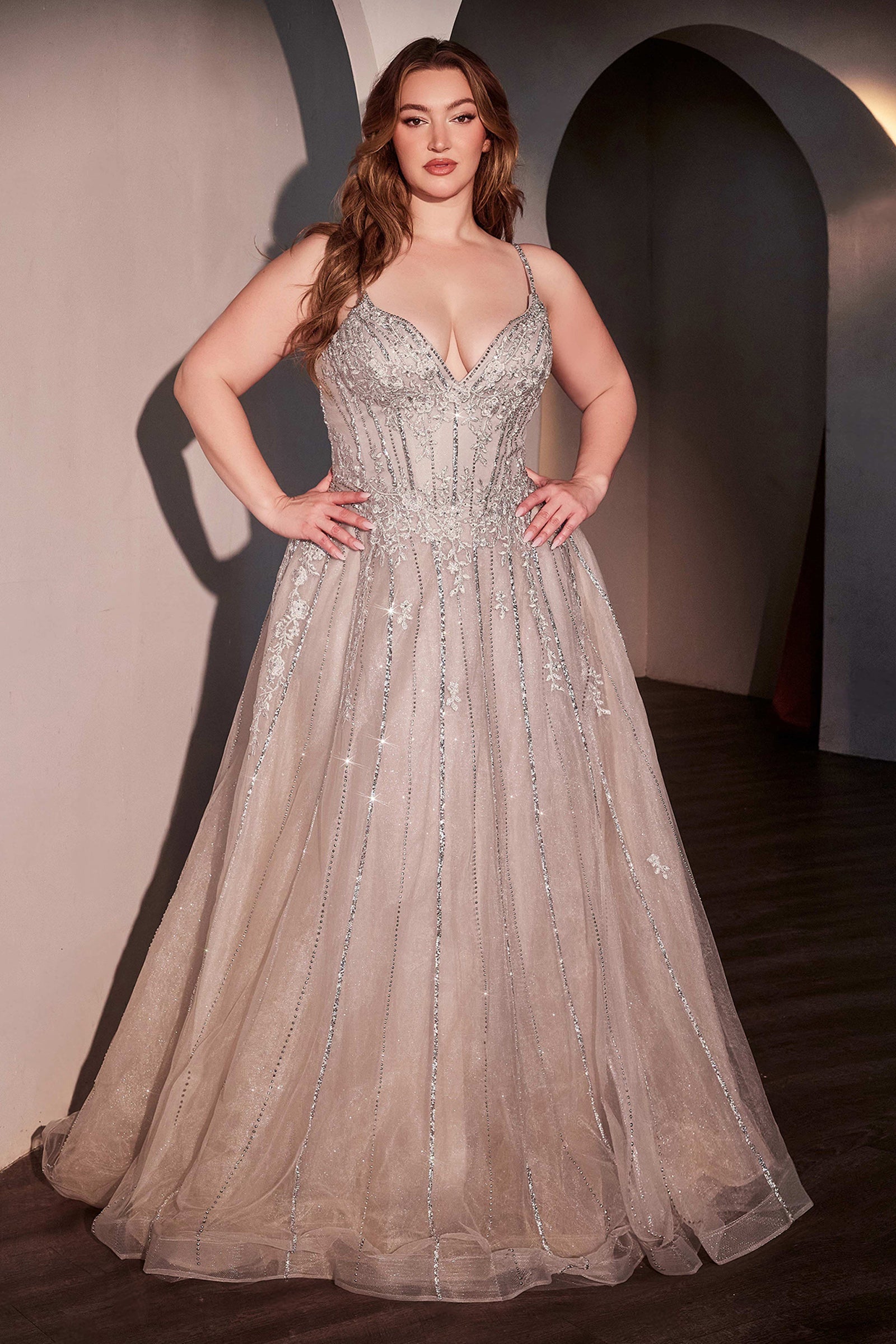 Plus Size Beaded Tulle A-line Gown by Ladivine CD786C Cinderella Divine
