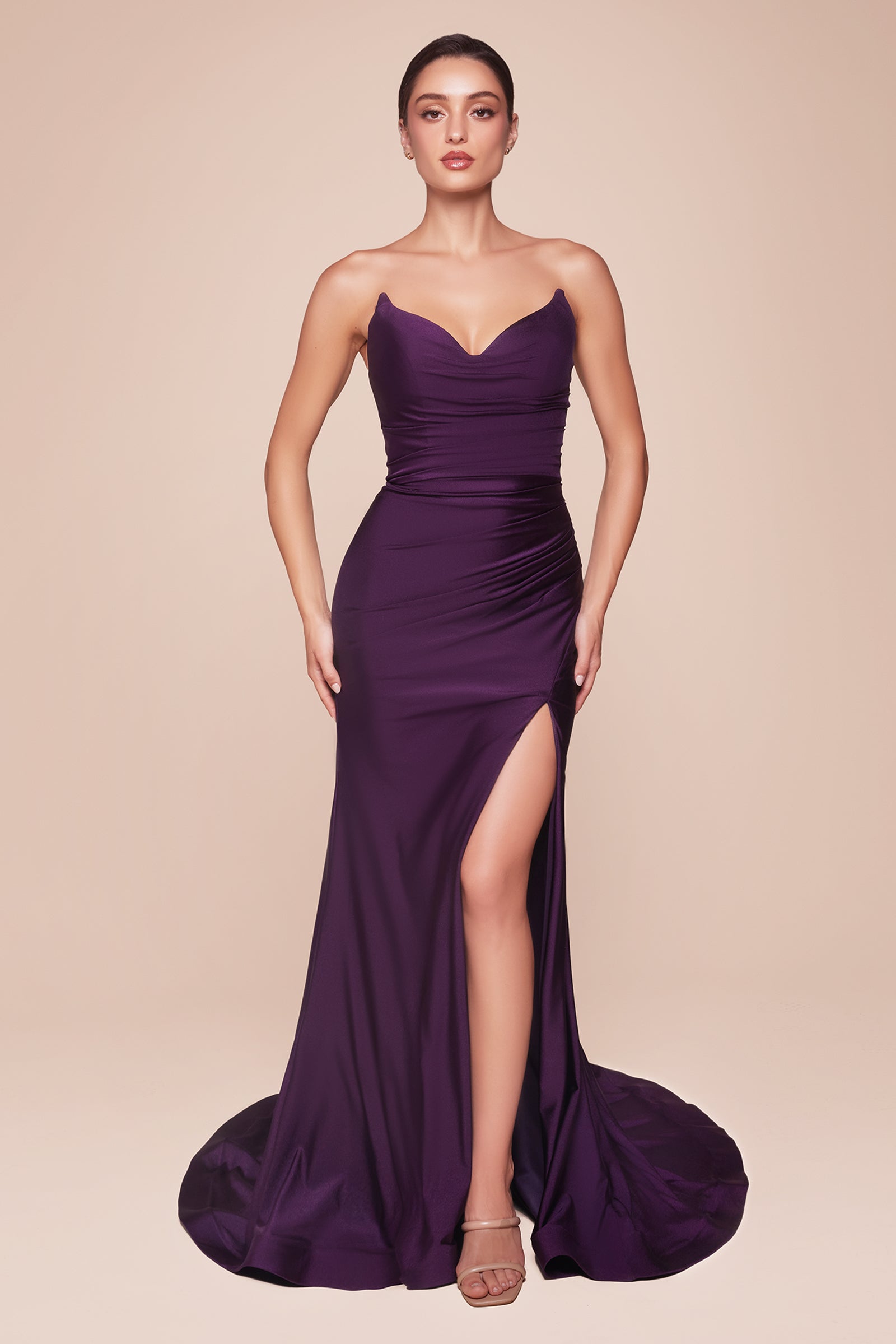 Satin Fitted Strapless Slit Gown by Ladivine CD791 Cinderella Divine