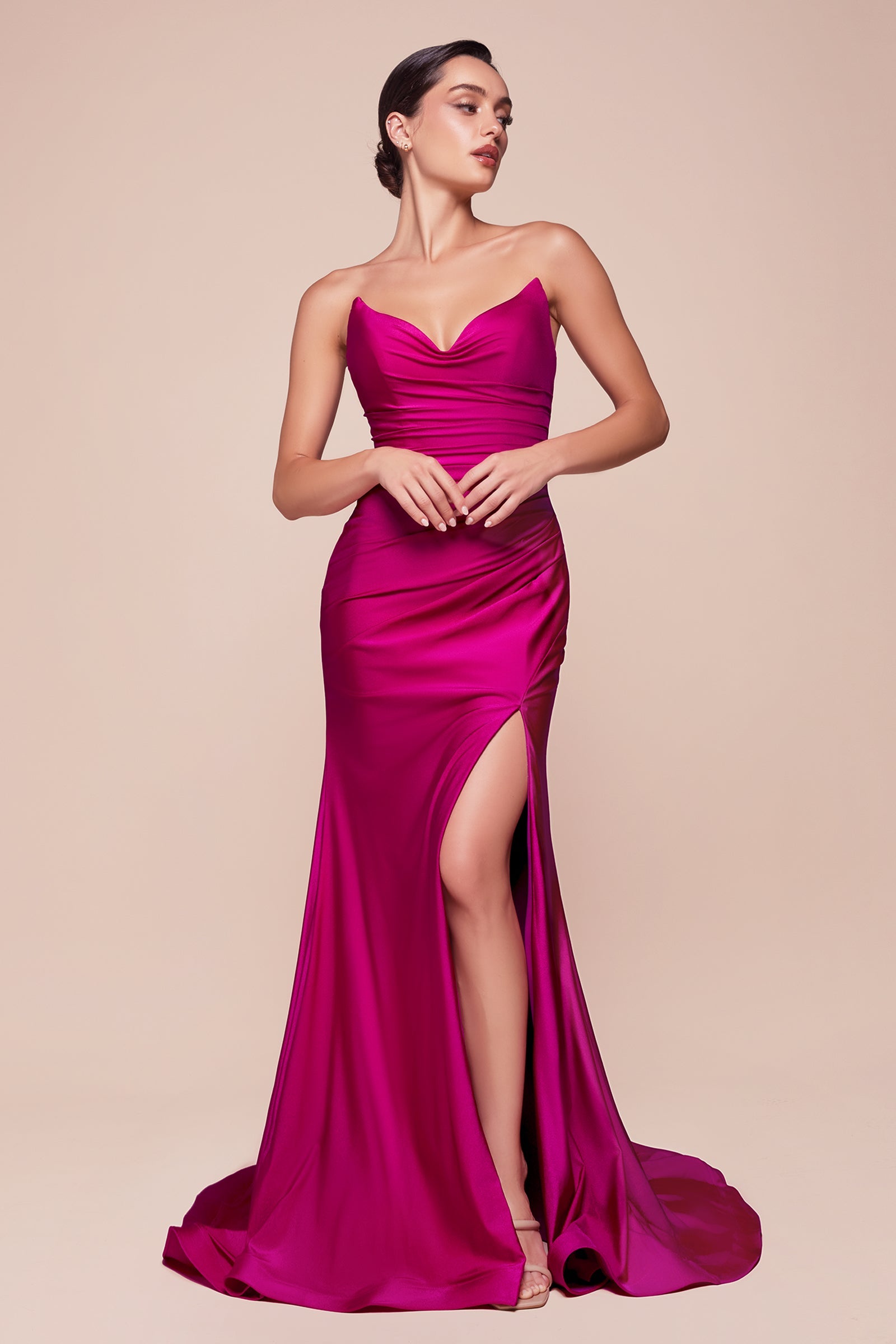 Satin Fitted Strapless Slit Gown by Ladivine CD791 Cinderella Divine