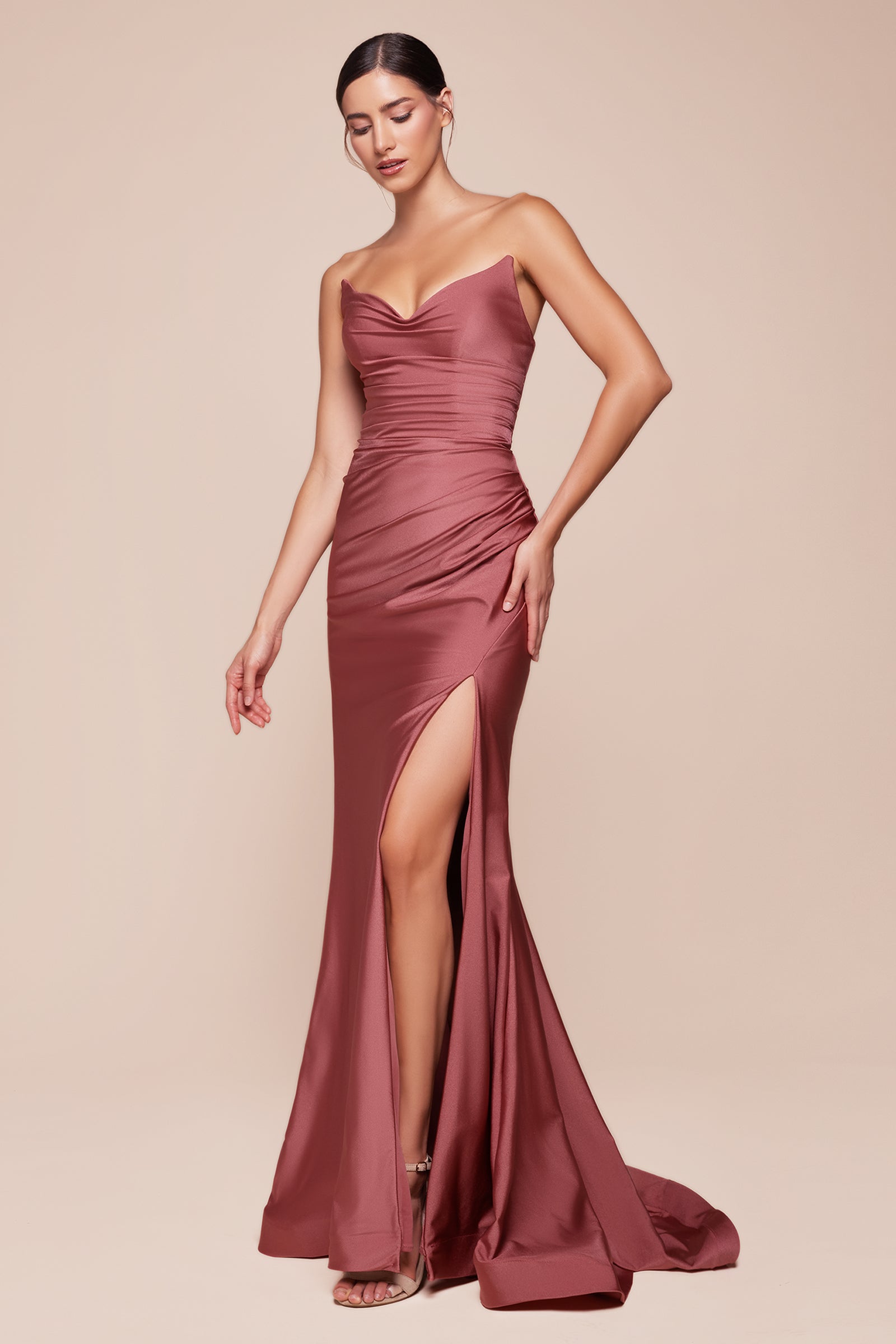 Satin Fitted Strapless Slit Gown by Ladivine CD791 Cinderella Divine
