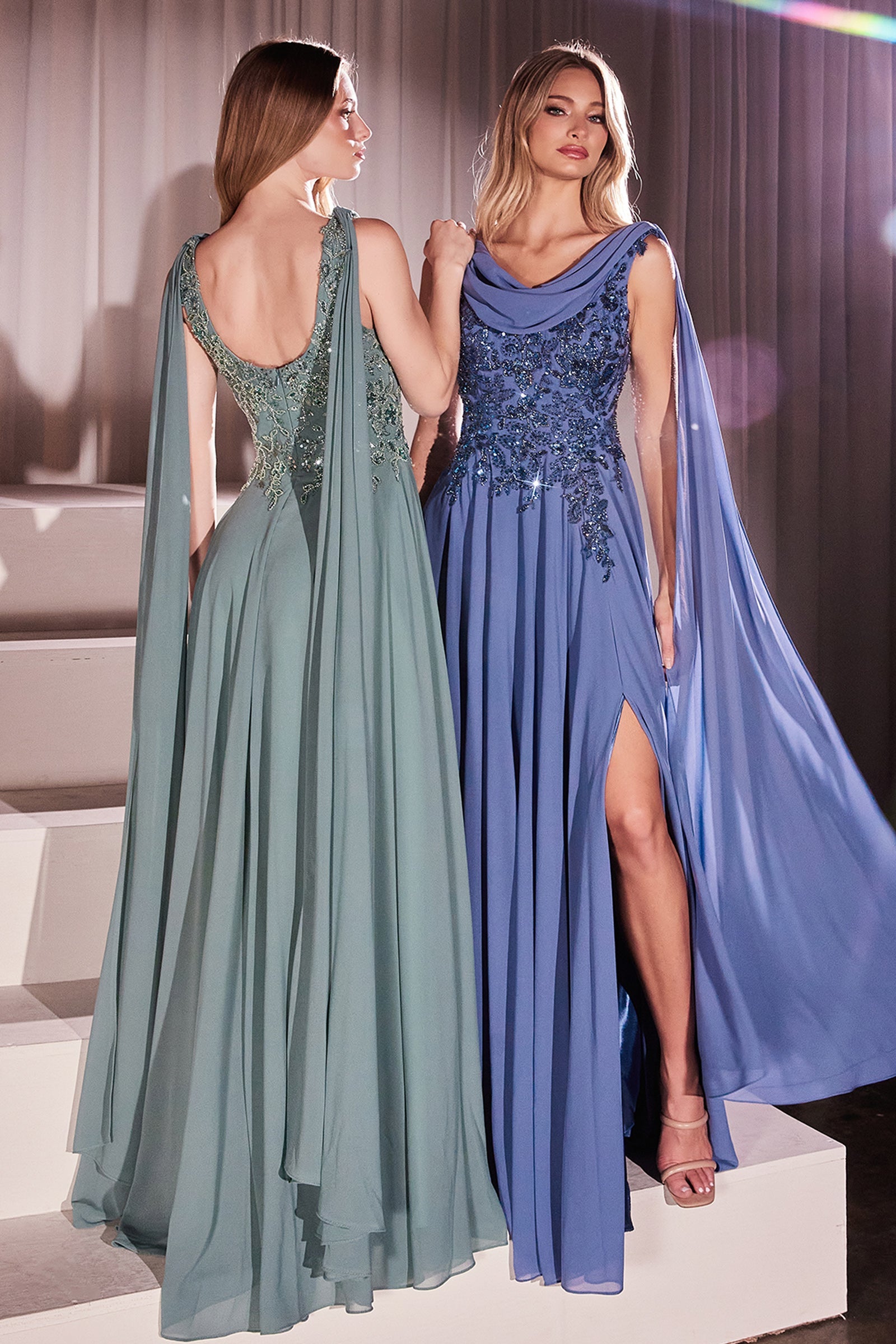 Chiffon Cape Sleeve A-line Gown by Ladivine CDS509