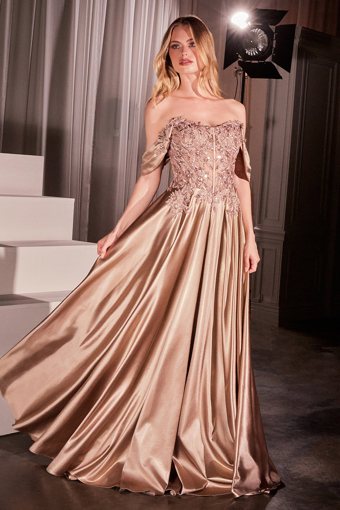 aus Satin Off-the-Shoulder A-Line Gown | Ladivine by Cinderella Divine - Style LACDS525