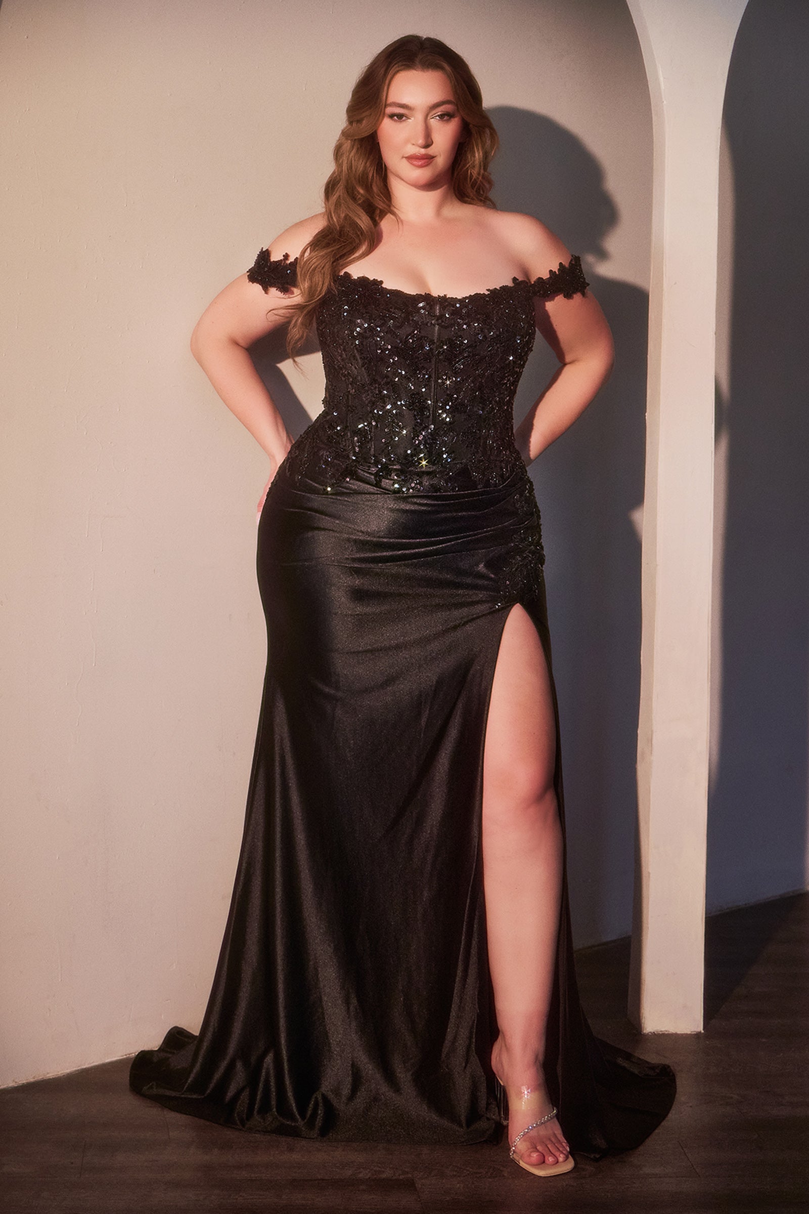 Plus Size Satin Off Shoulder Gown by Ladivine CDS537C