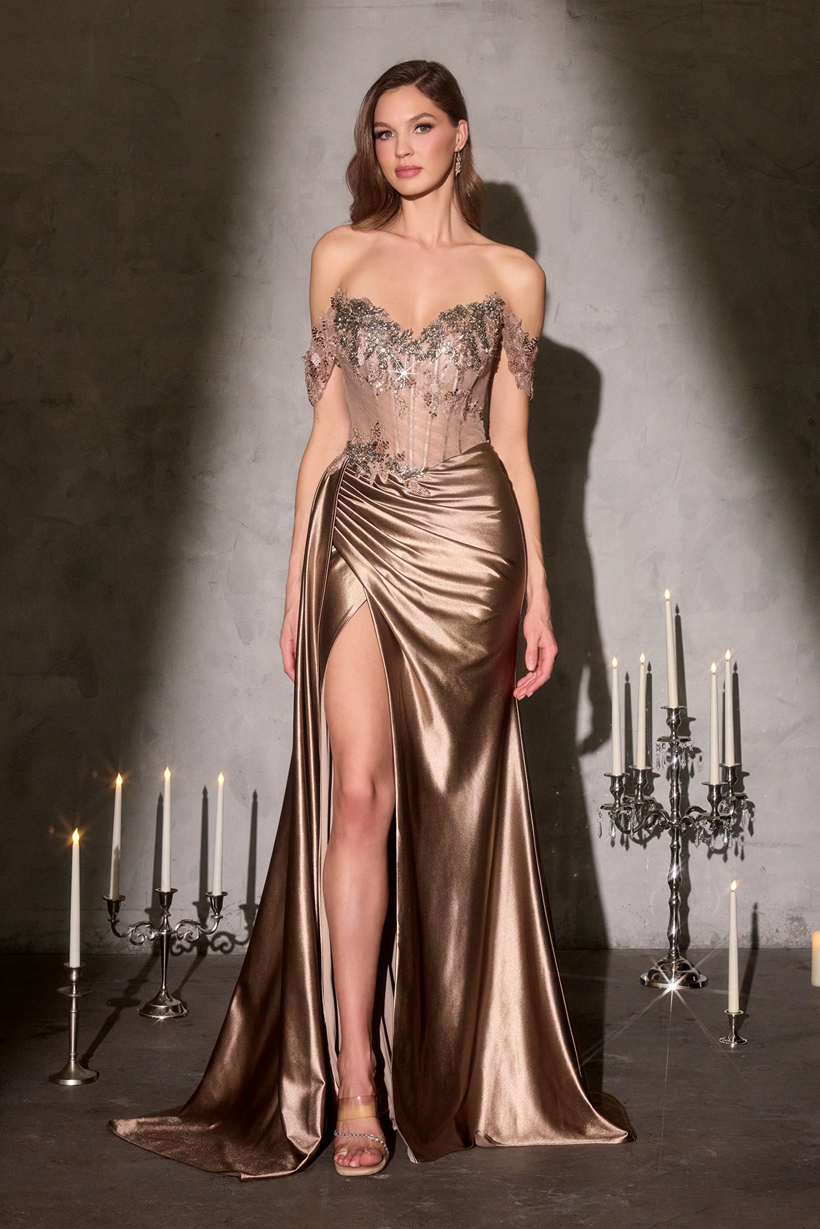 Beaded Off Shoulder Slit Gown by Ladivine CDS554