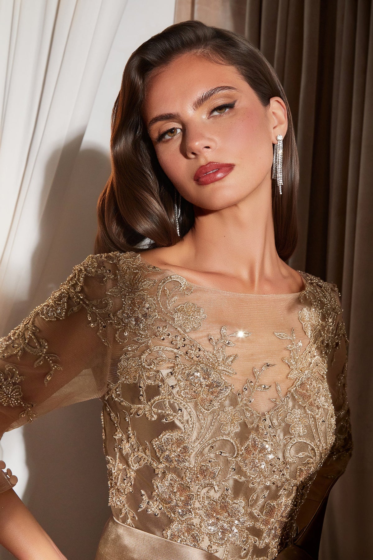 Mikado 3/4 Sleeve A-Line Gown | Ladivine CDS569