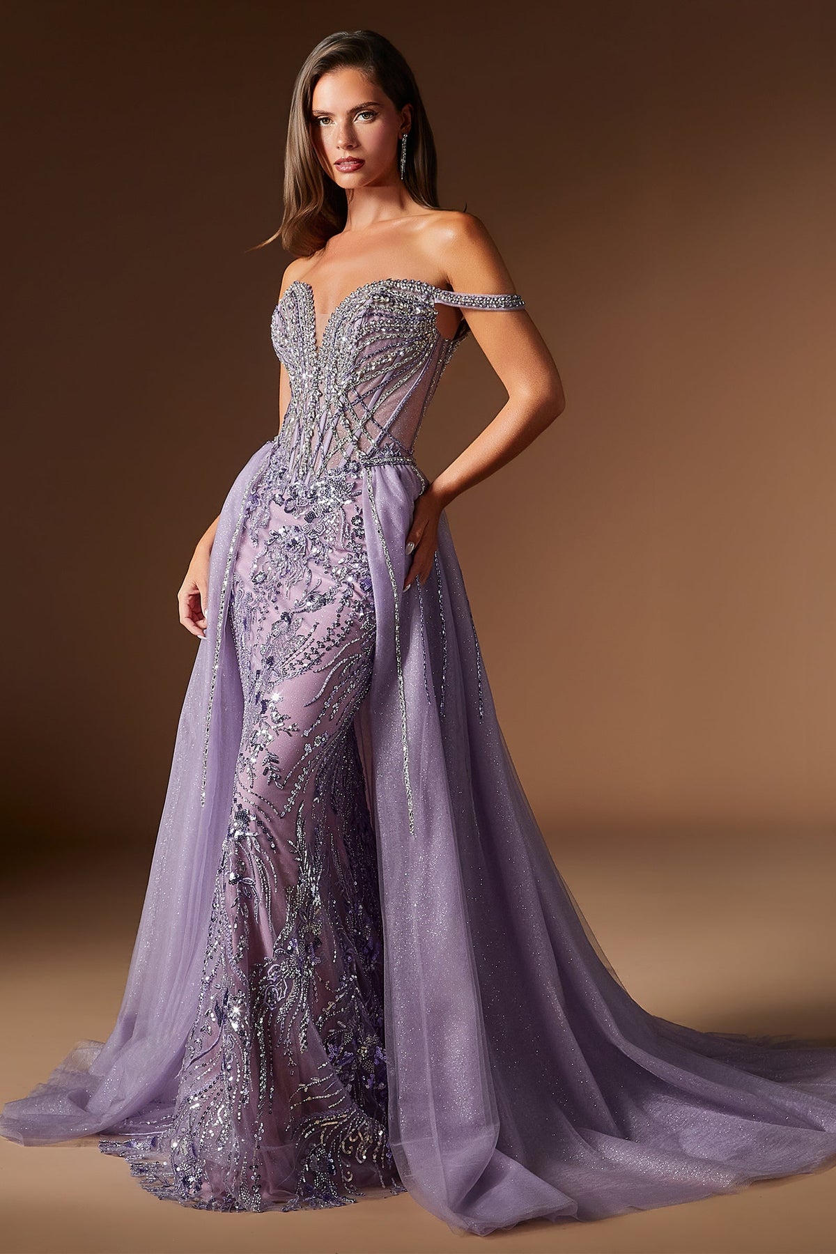 Beaded Off-the-Shoulder Overskirt Formal Gown | Ladivine CDS570