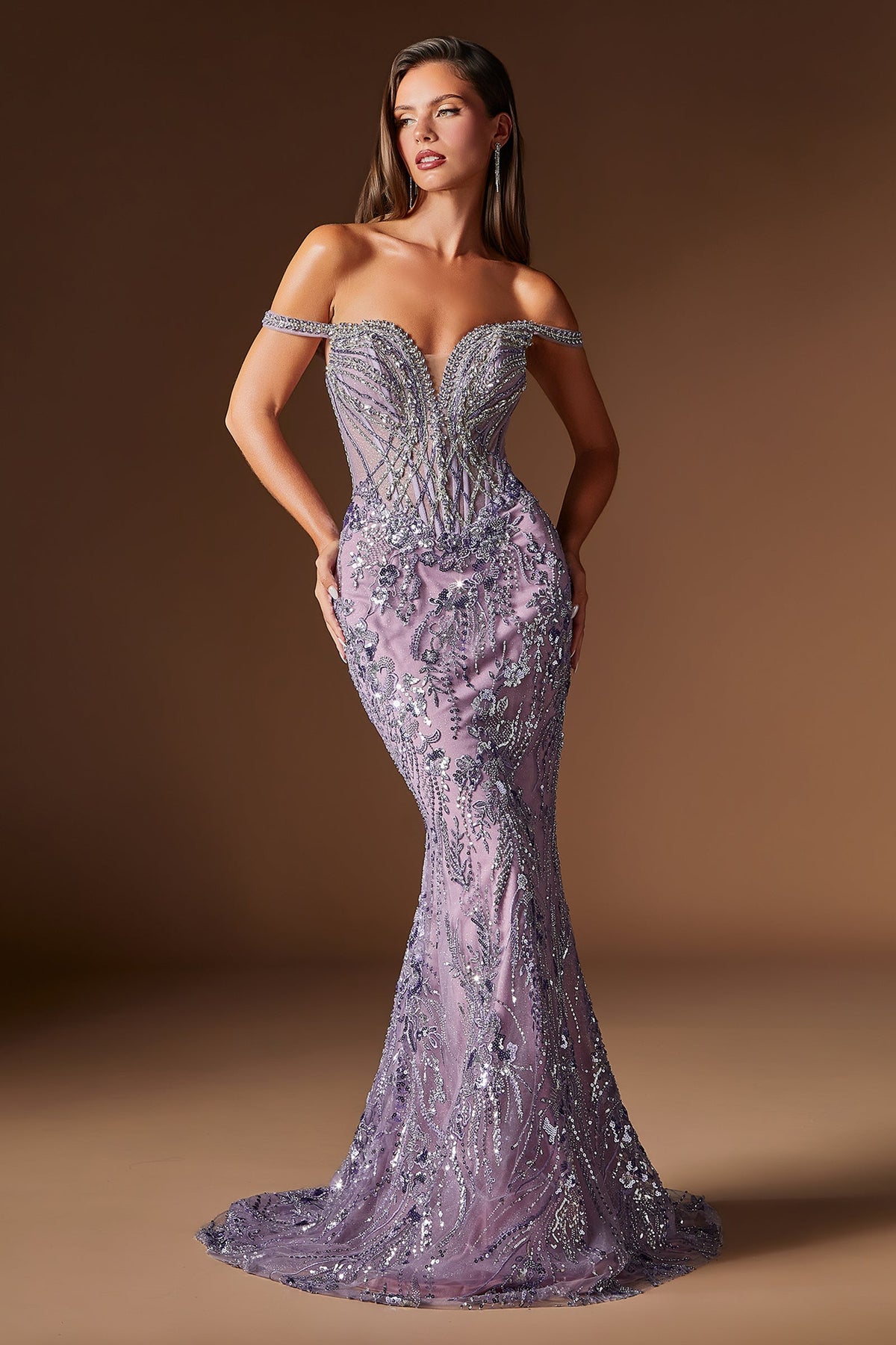Beaded Off-the-Shoulder Overskirt Formal Gown | Ladivine CDS570