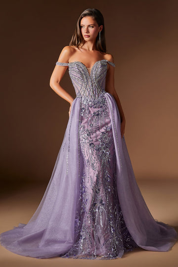Beaded Off-the-Shoulder Overskirt Formal Gown | Ladivine CDS570