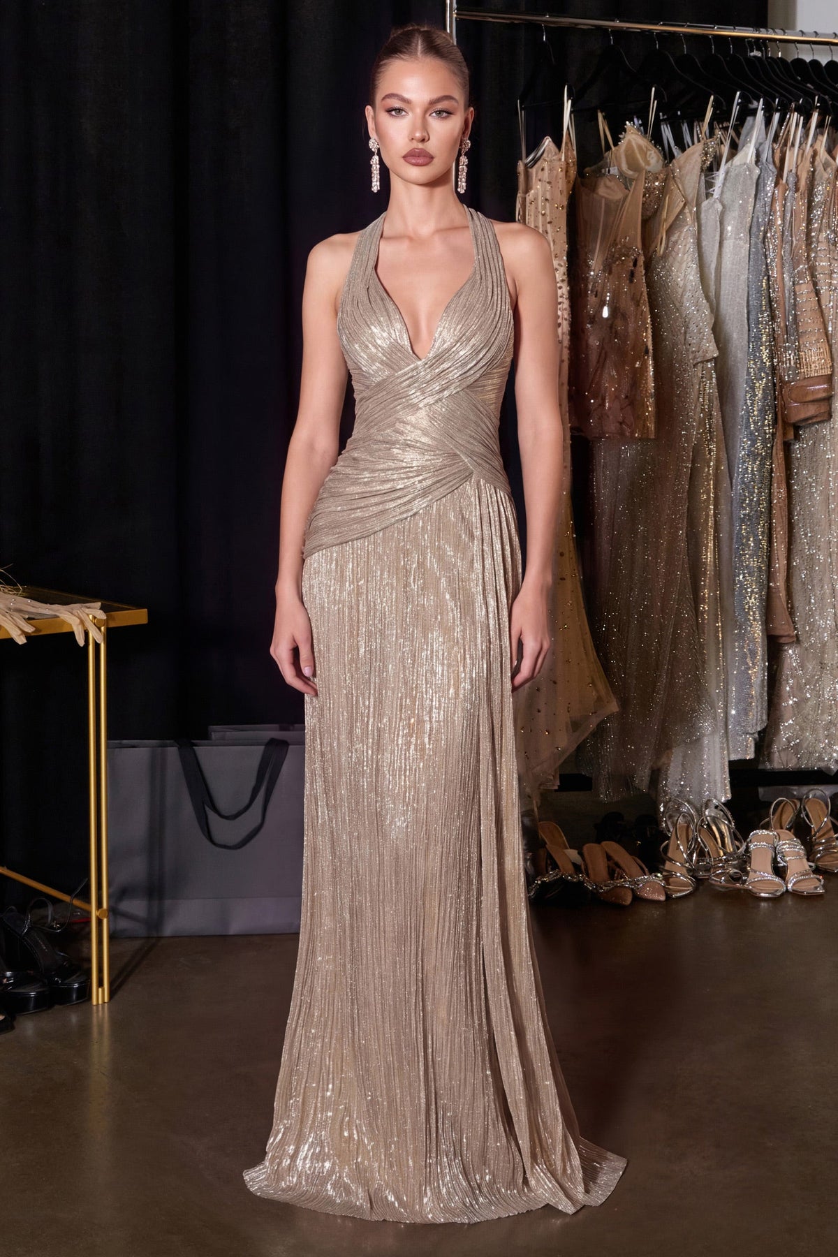 Metallic Fitted Halter Formal Gown | Ladivine CH2625