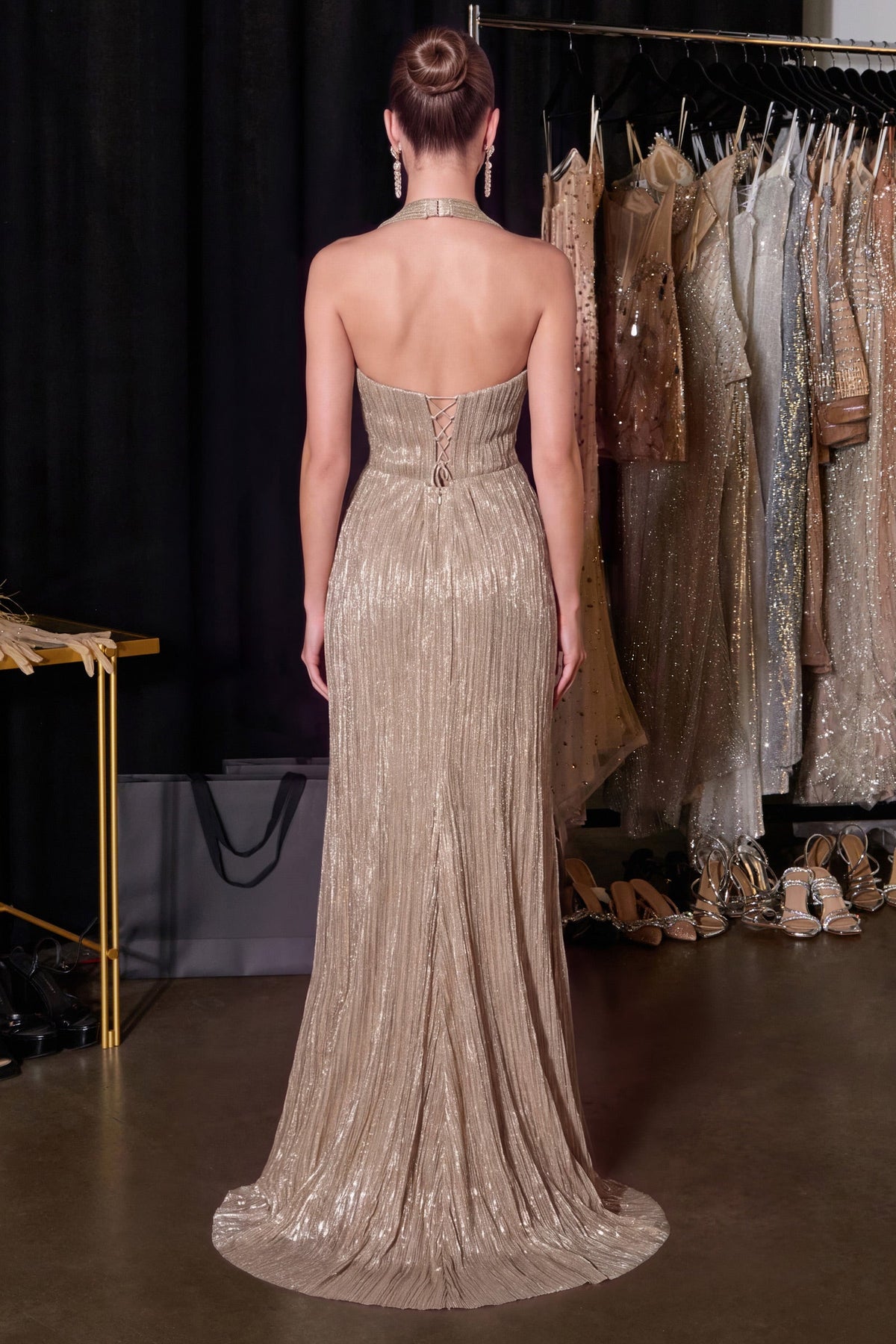 Metallic Fitted Halter Formal Gown | Ladivine CH2625