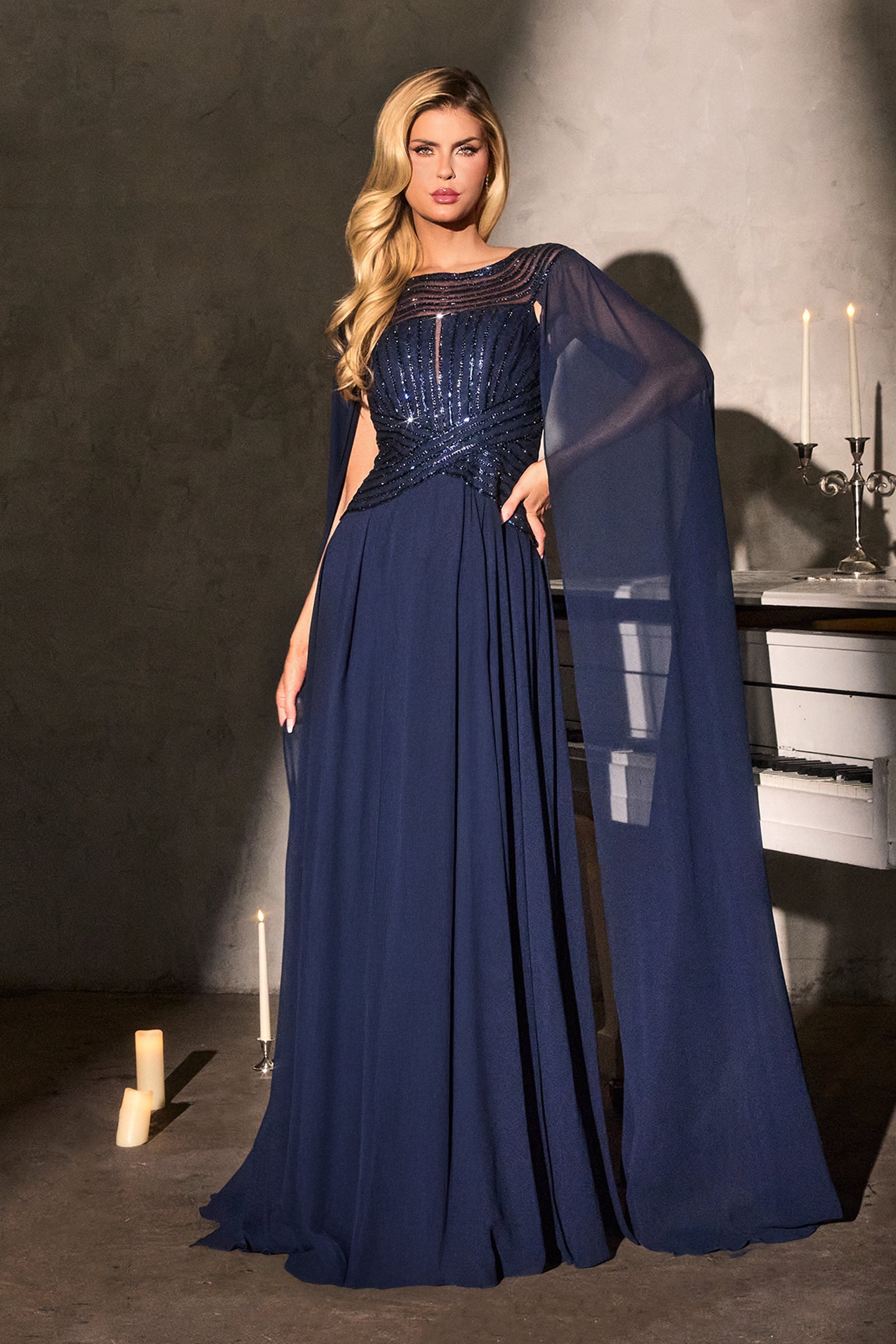 Chiffon Cape Sleeve A-line Gown by Ladivine CL08
