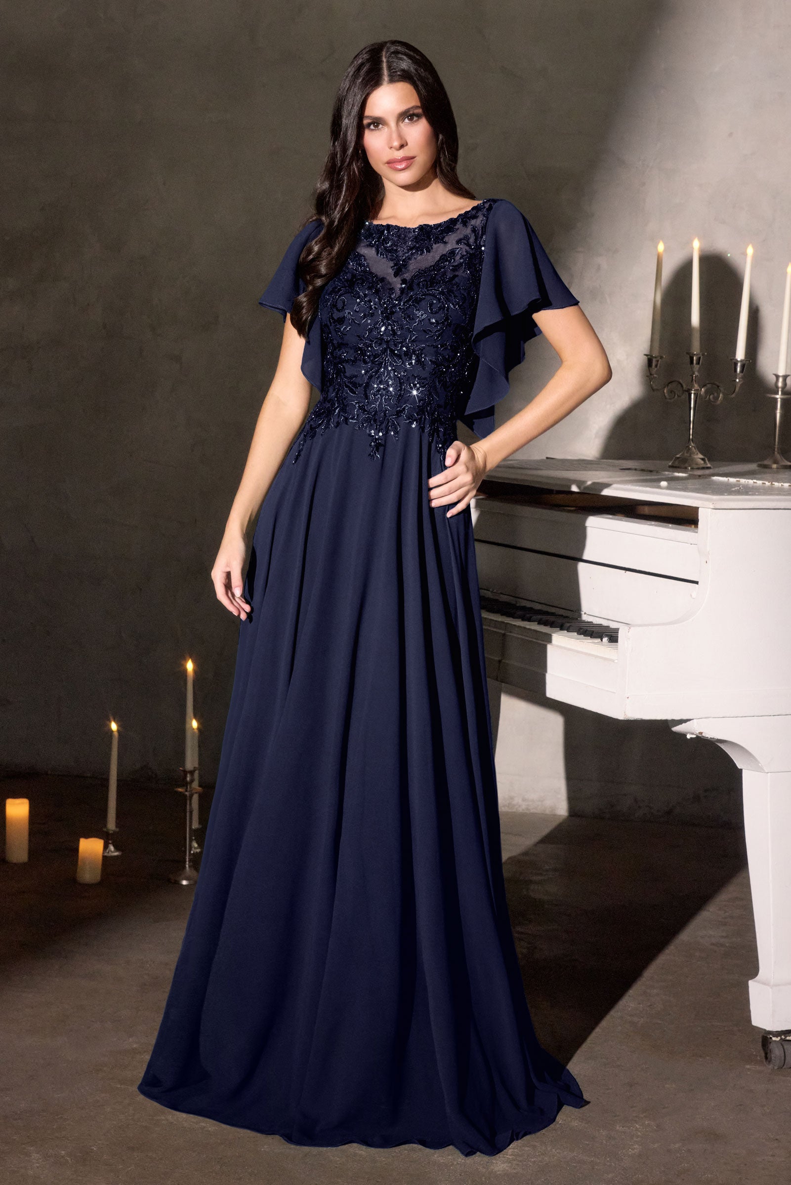Chiffon Short Sleeve A-line Gown by Ladivine CL09