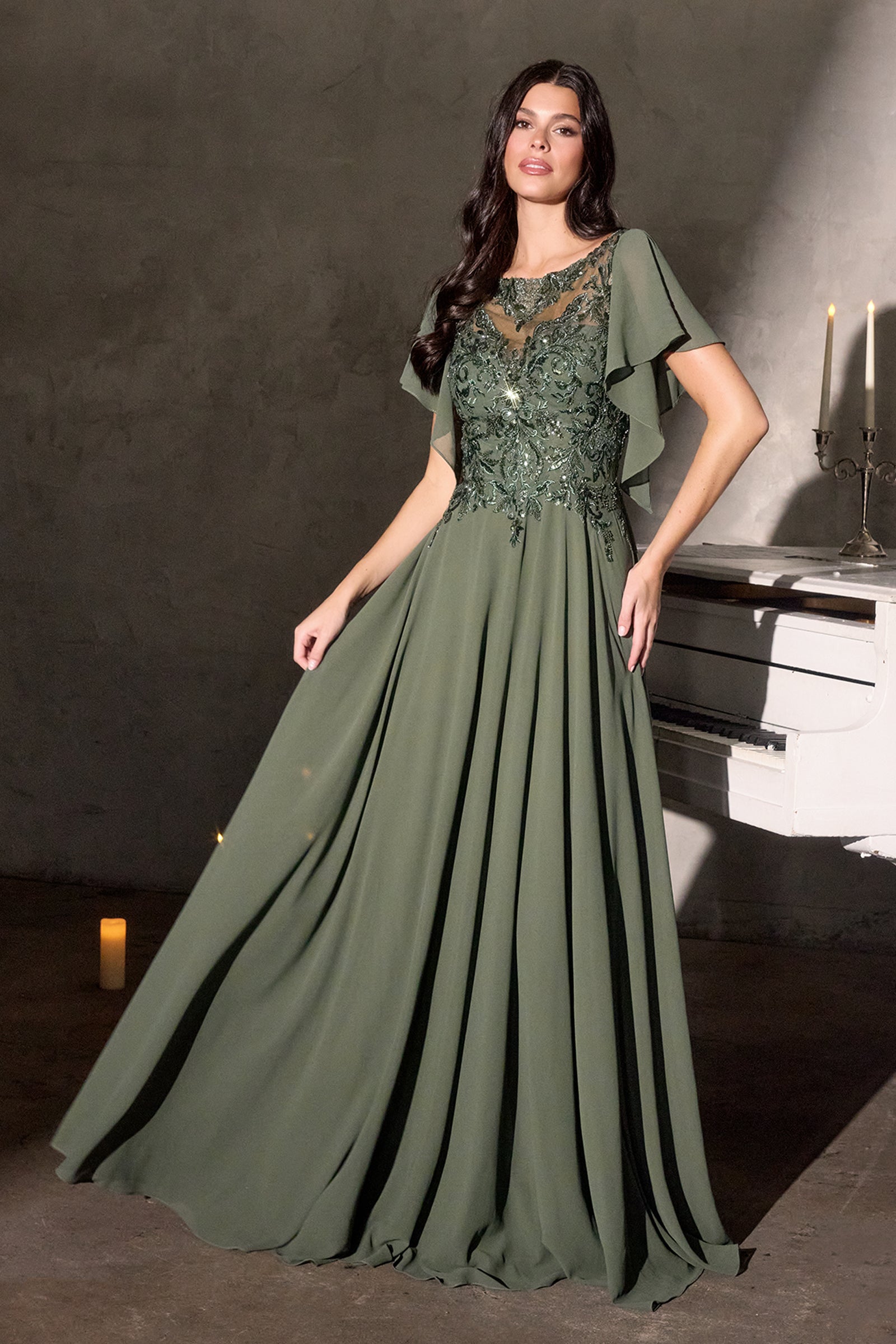 Chiffon Short Sleeve A-line Gown by Ladivine CL09