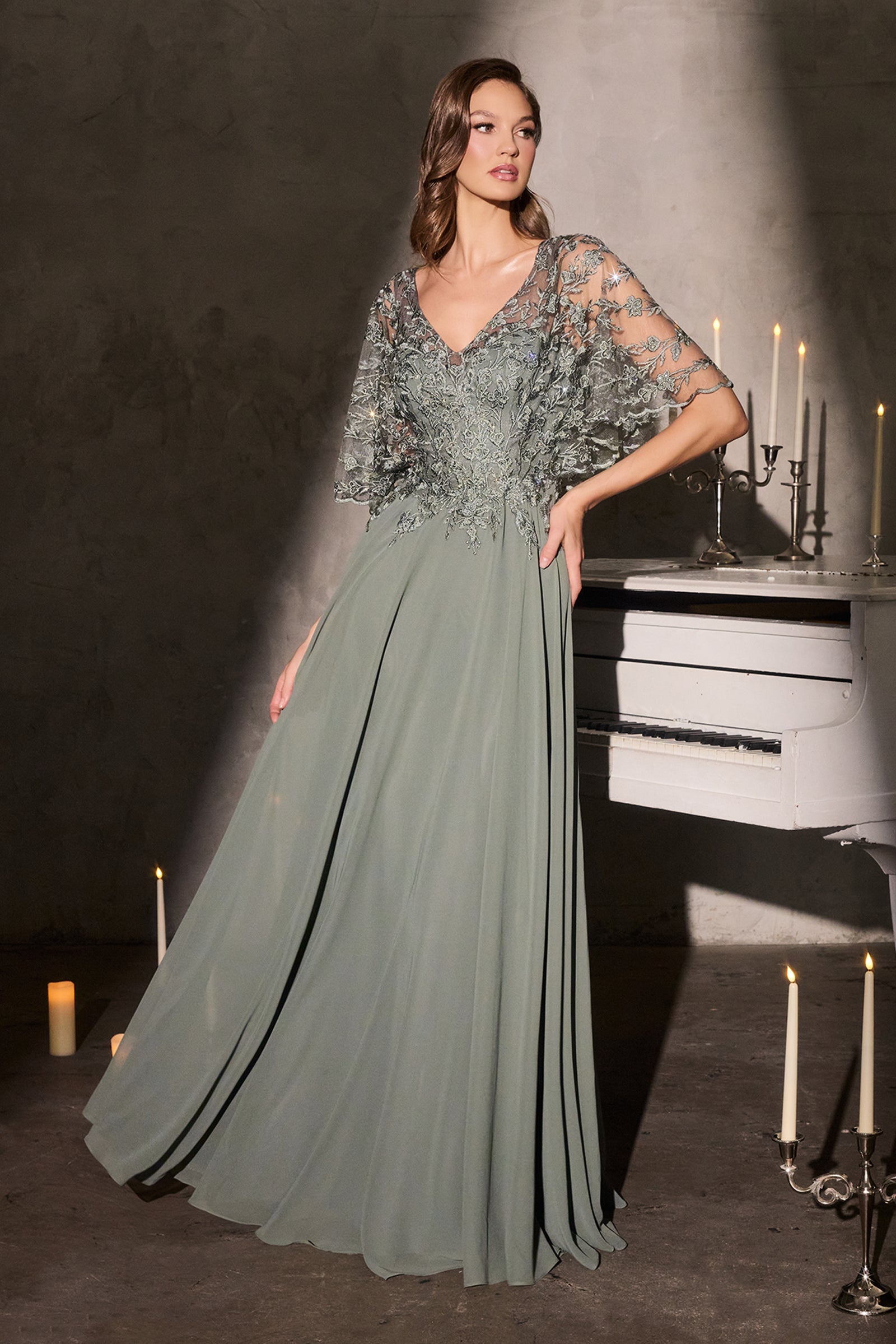 Applique Chiffon Capelet A-line Gown by Ladivine CL10