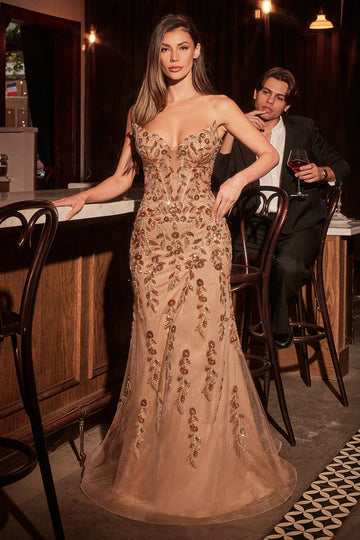 Beaded Tulle Strapless Gown by Ladivine CM382