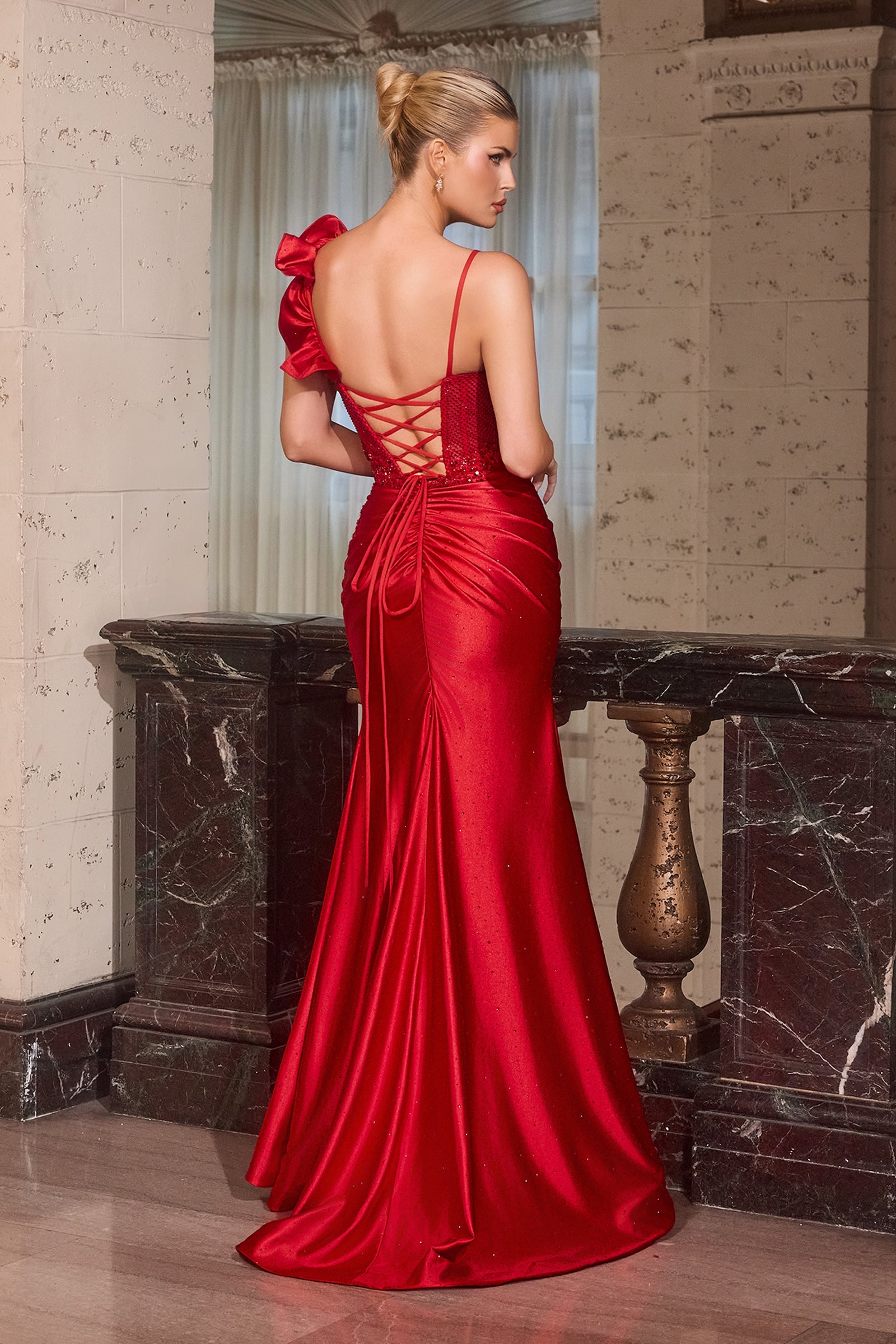 Applique Satin Sleeveless Slit Gown by Ladivine CM386