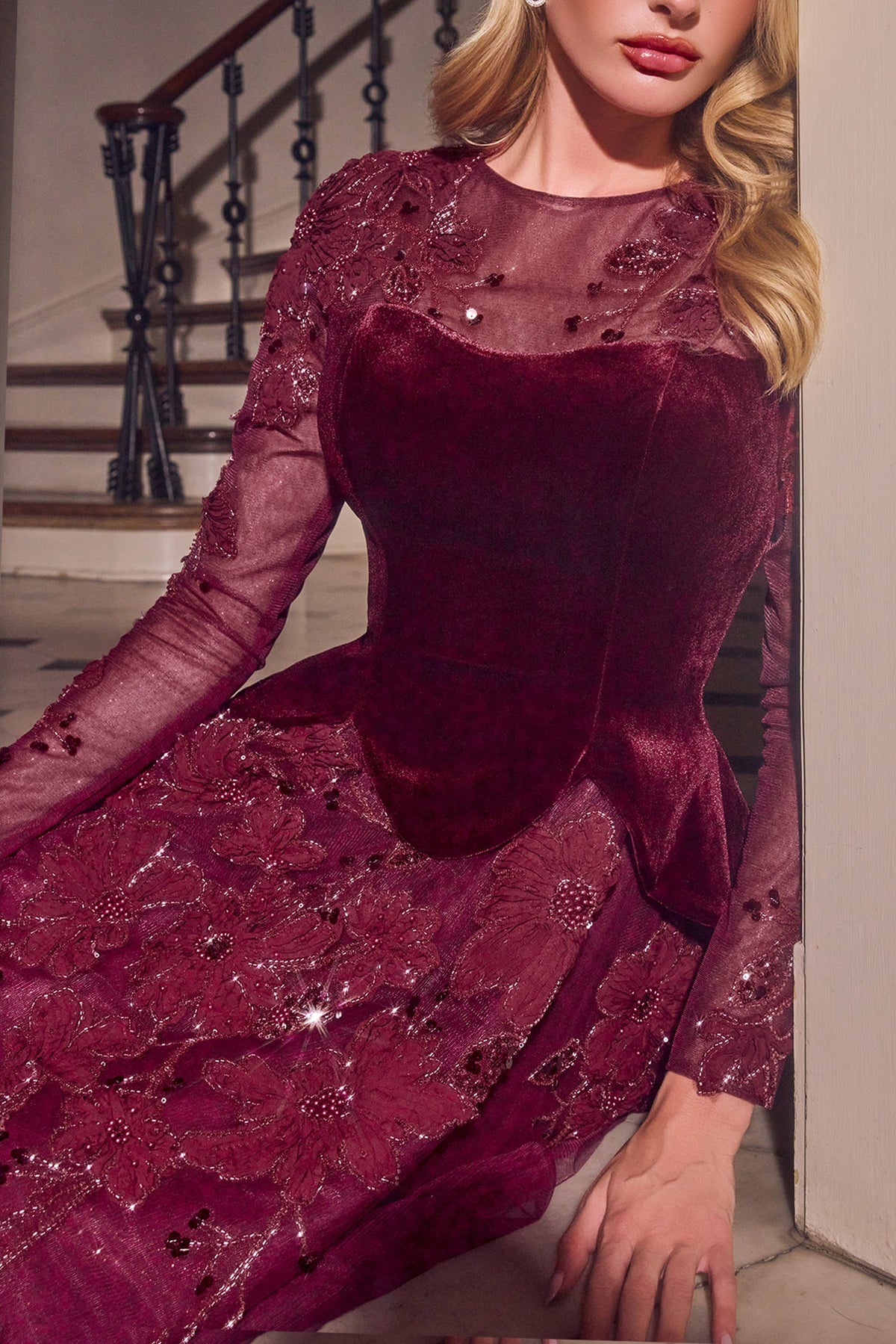Velvet Tulle Long-Sleeve A-Line Gown | Ladivine CM394