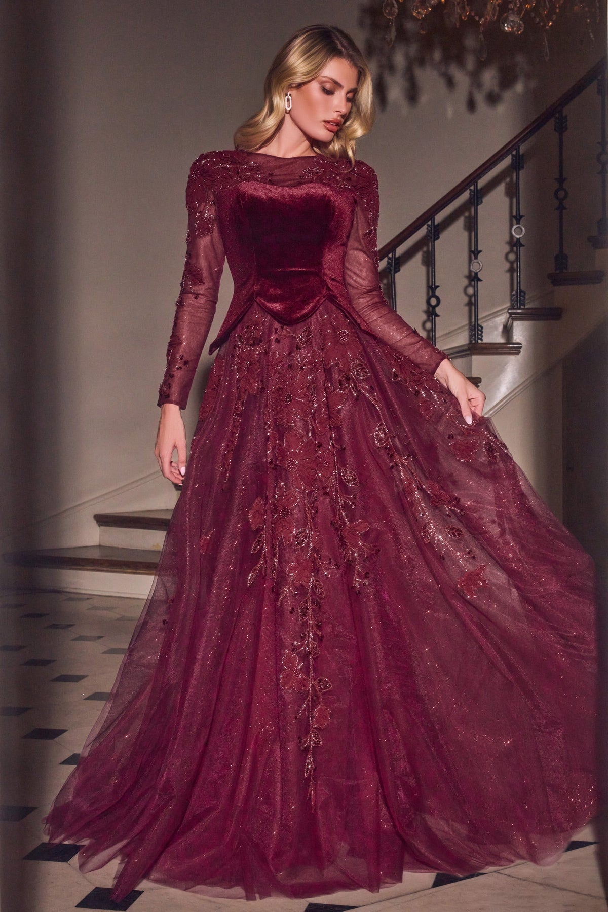 Velvet Tulle Long-Sleeve A-Line Gown | Ladivine CM394