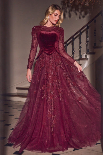 Velvet Tulle Long-Sleeve A-Line Gown | Ladivine CM394