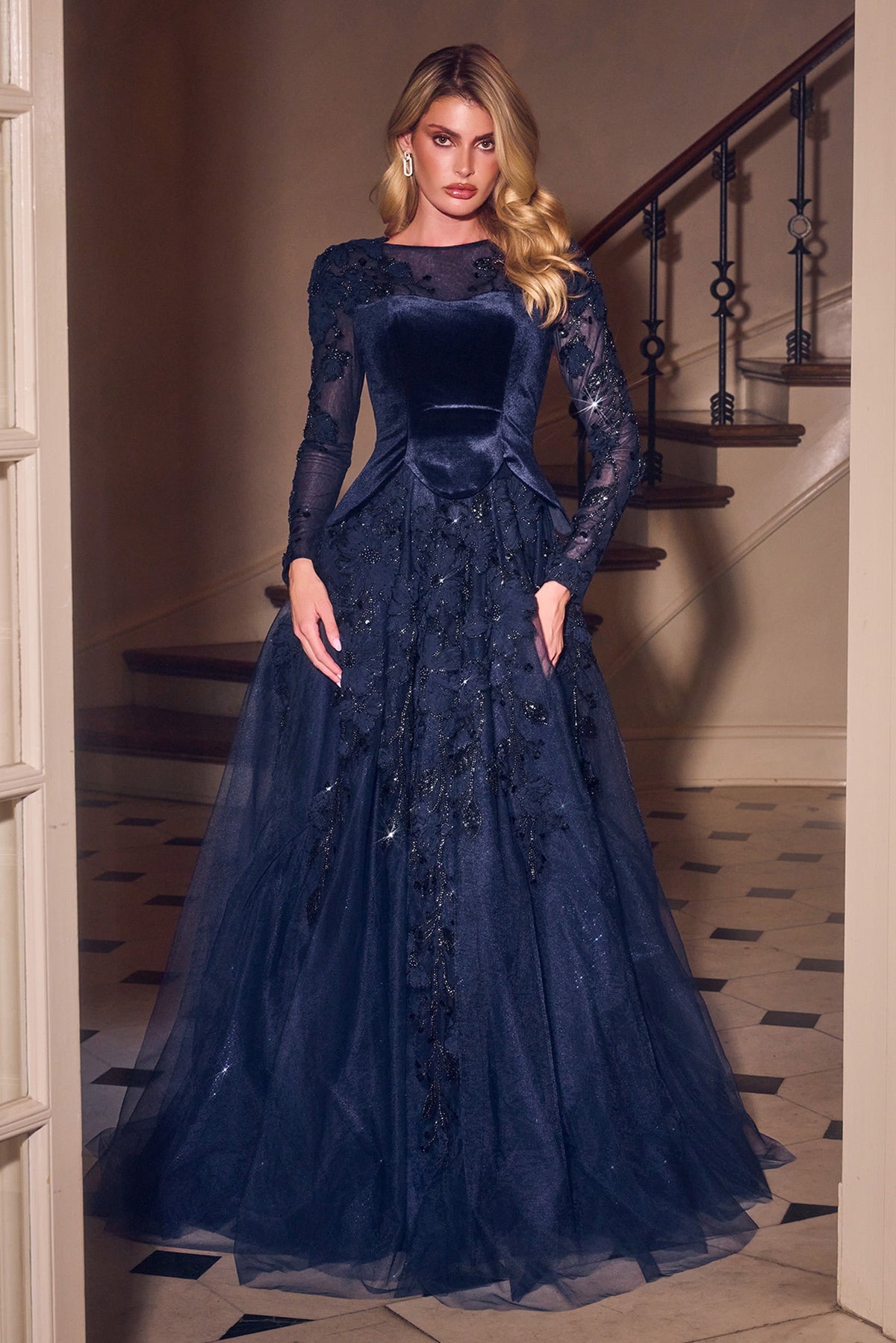 Velvet Tulle Long-Sleeve A-Line Gown | Ladivine CM394