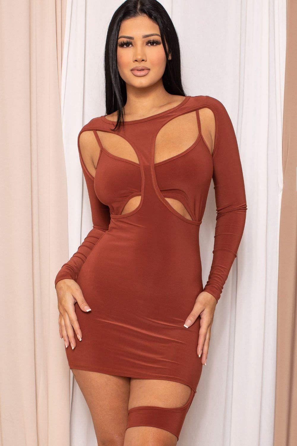 Cutout Mini Dress | Detailed Long Sleeve Bodycon Slip On BOUTINIE