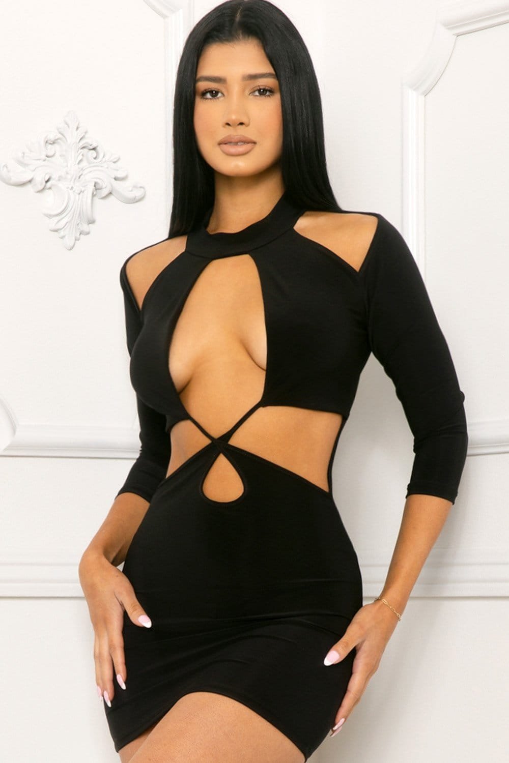 Cutout Halter Mini Dress - Open Shoulder, 3/4 Sleeve USA Made BOUTINIE