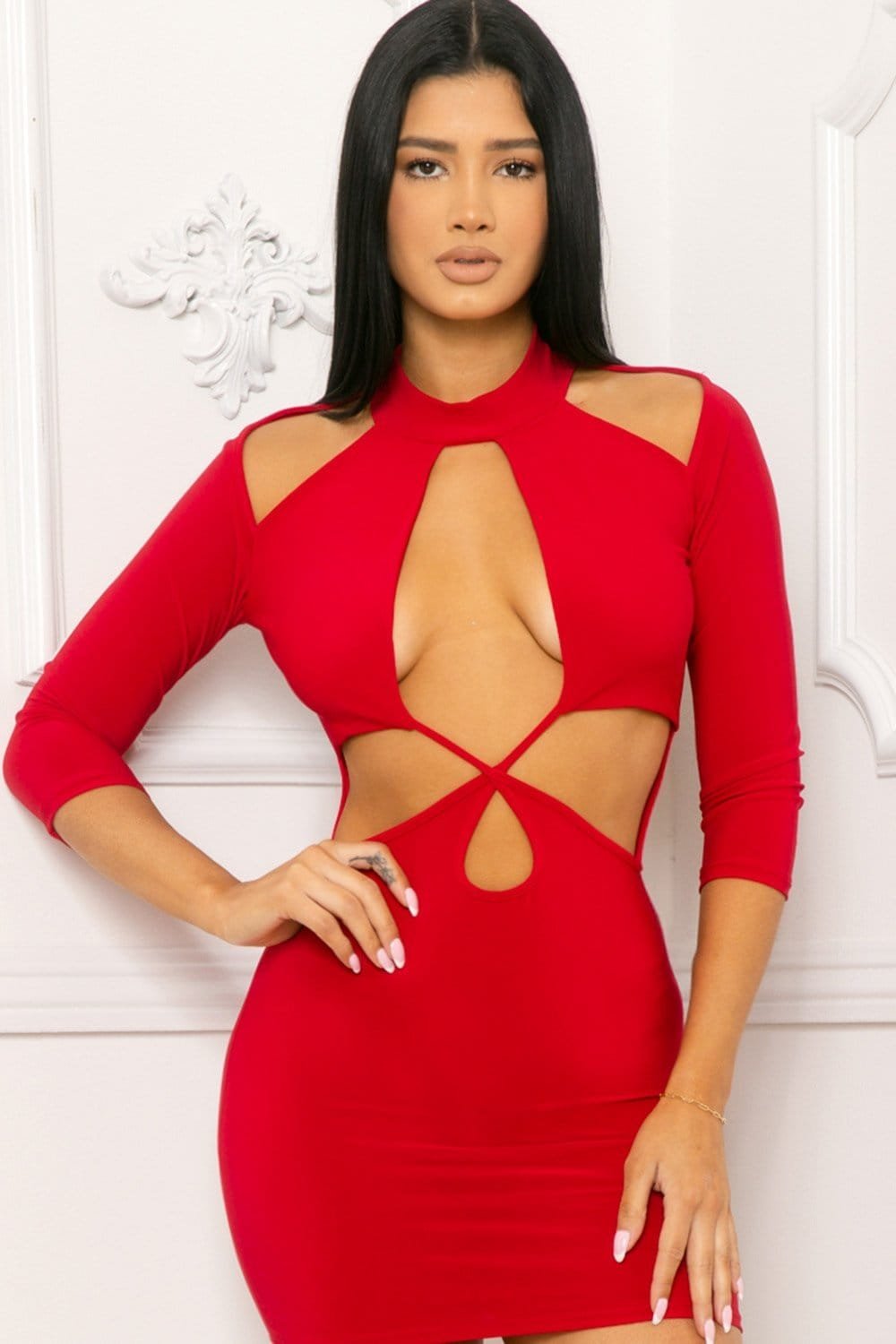 Cutout Halter Mini Dress - Open Shoulder, 3/4 Sleeve USA Made BOUTINIE