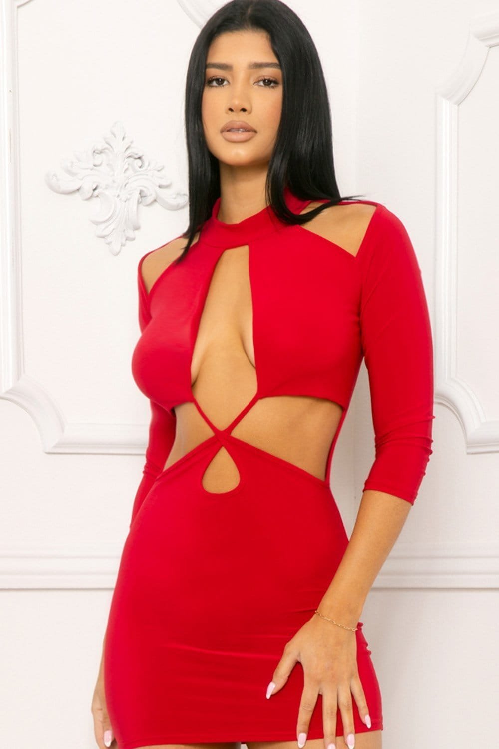 Cutout Halter Mini Dress - Open Shoulder, 3/4 Sleeve USA Made BOUTINIE