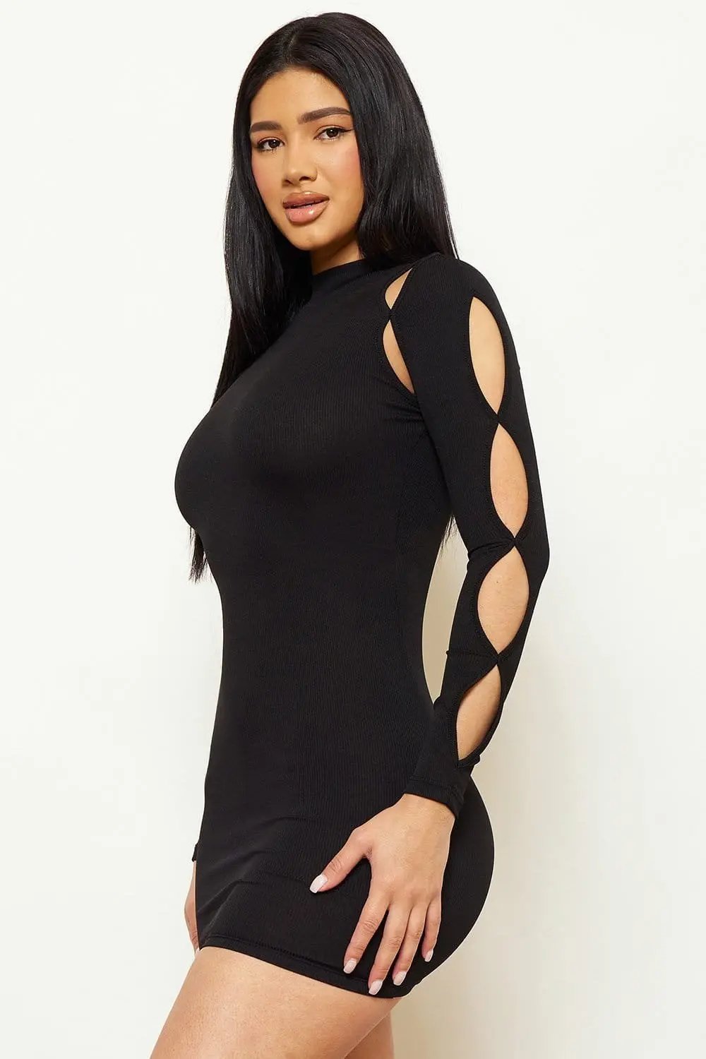 Cutout Shoulder Mini Dress – Ribbed Long Sleeve Mock Neck BOUTINIE