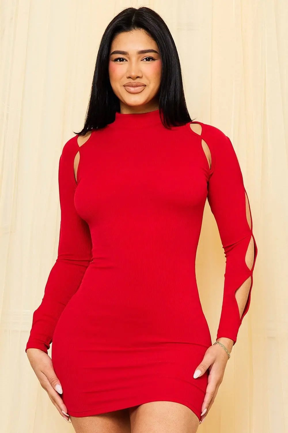 Cutout Shoulder Mini Dress – Ribbed Long Sleeve Mock Neck BOUTINIE