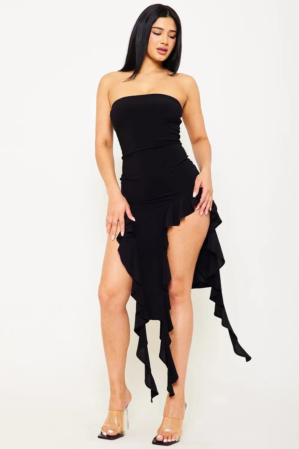 Ruffle Bottom Maxi Dress - Asymmetric Hem Flowy Summer Gown BOUTINIE