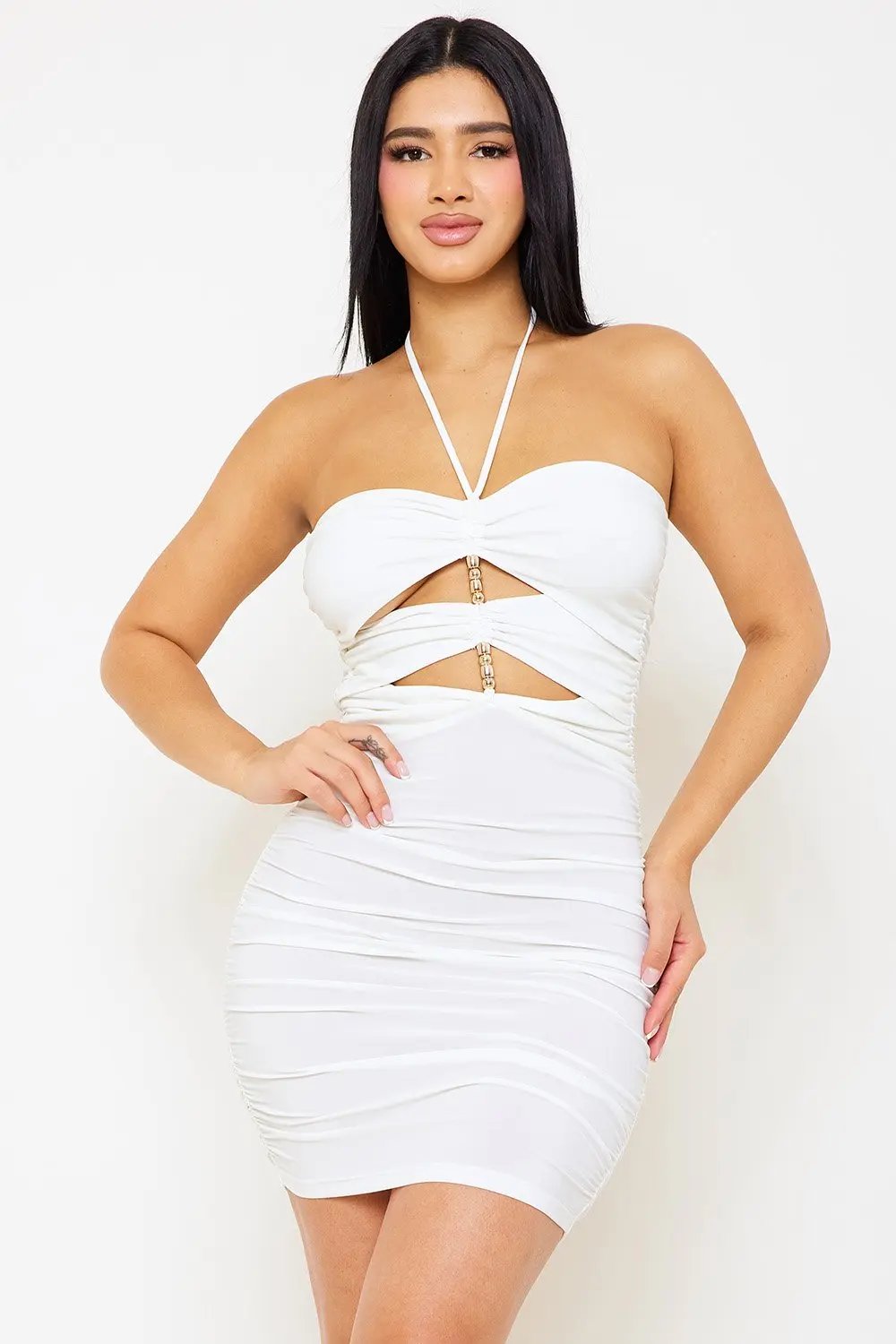 Halter Neck Mini Dress - Pleated Cutout Detail Party Dress BOUTINIE