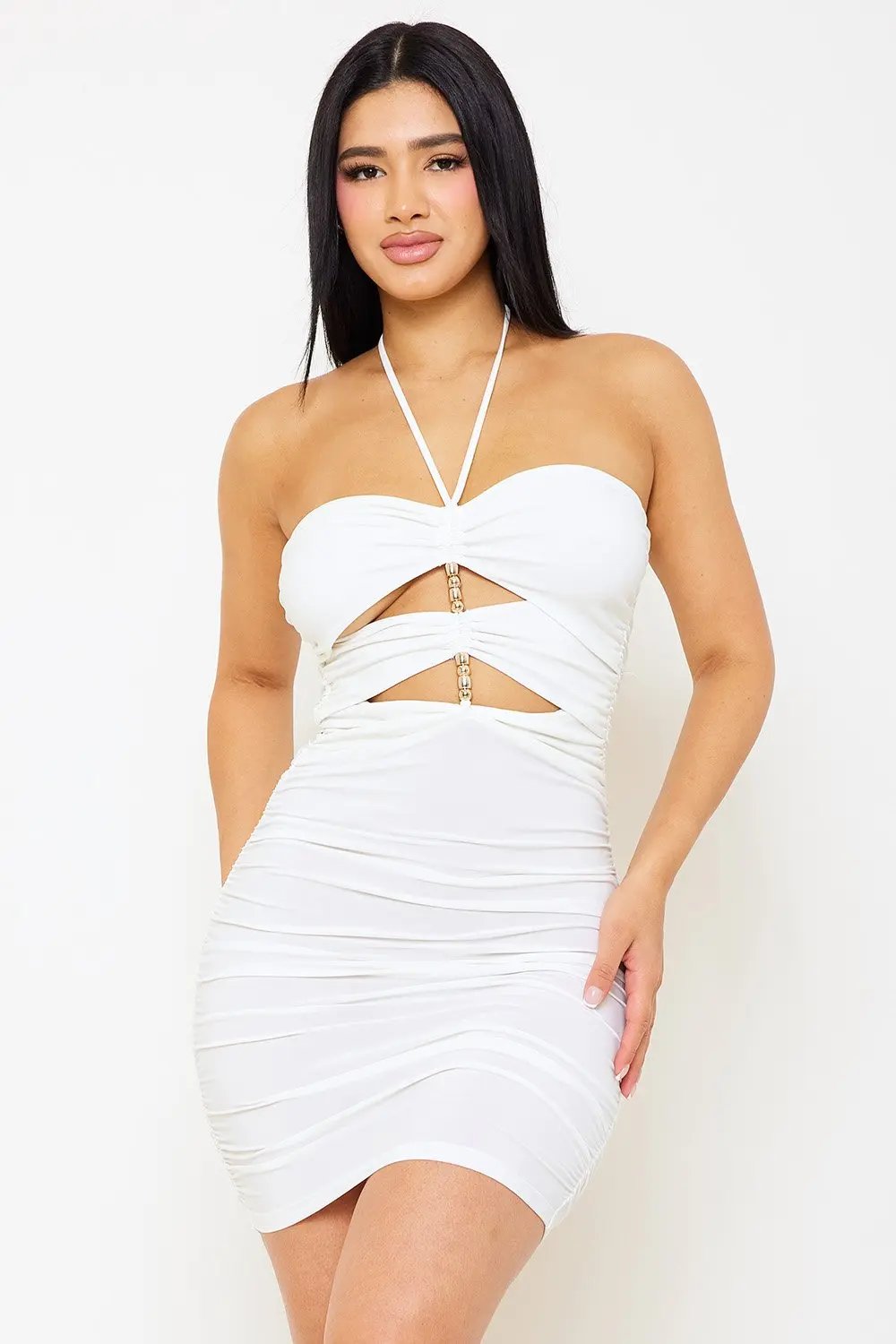 Halter Neck Mini Dress - Pleated Cutout Detail Party Dress BOUTINIE