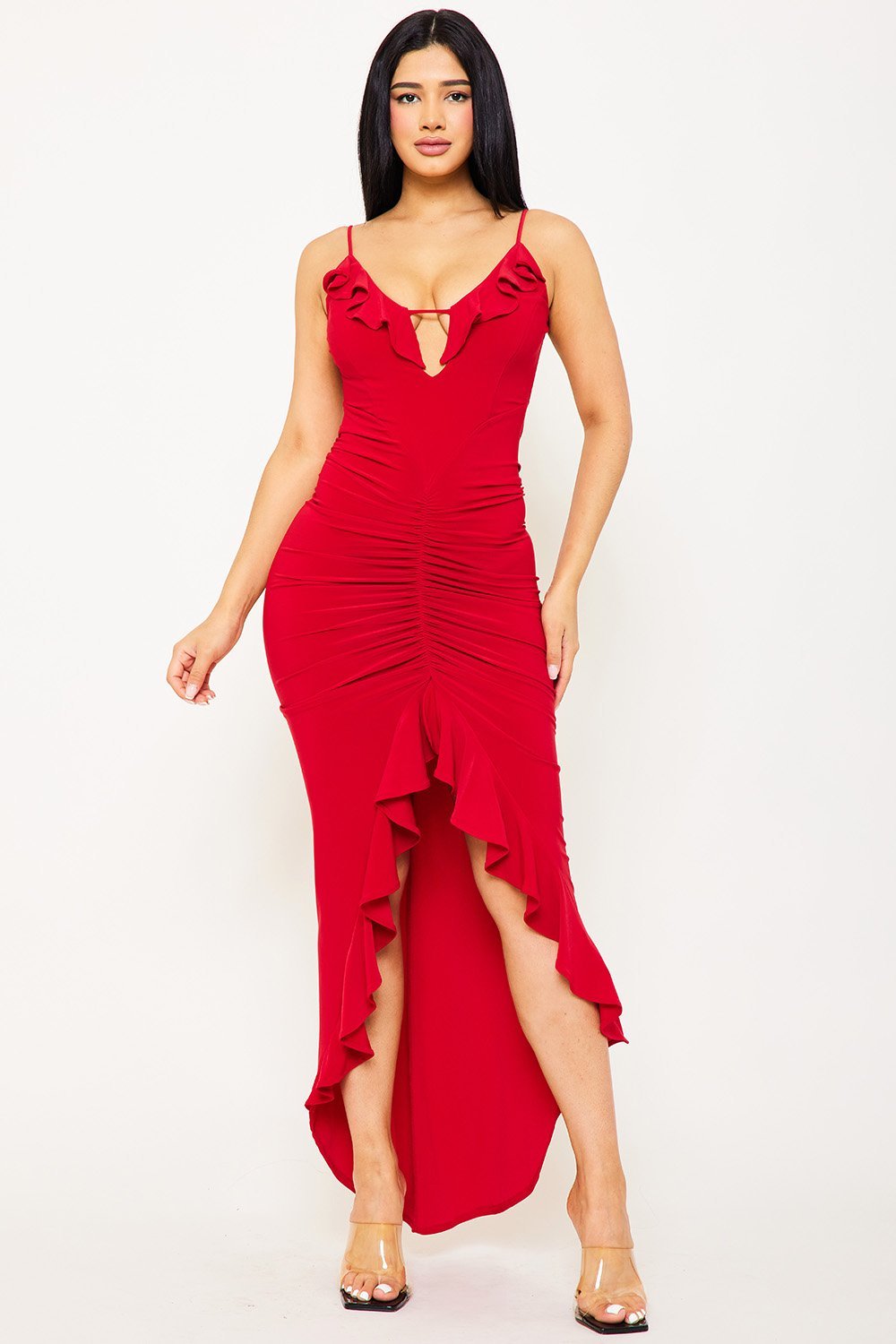Ruffle Shirring Dress - Long Slip-On Maxi With Hi-Low Hem BOUTINIE