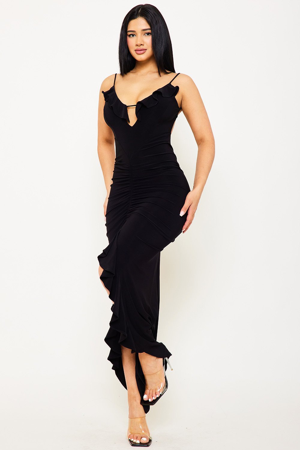 Ruffle Shirring Dress - Long Slip-On Maxi With Hi-Low Hem BOUTINIE
