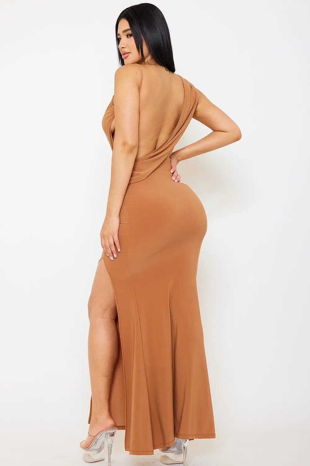 Asymmetric Draped Maxi Dress | Stretchy Slip-On Evening Gown BOUTINIE