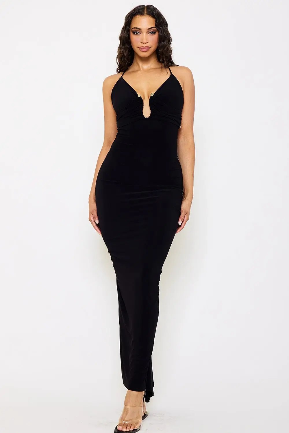 Halter Maxi Dress With Pleated Skirt & Moderate Stretch BOUTINIE