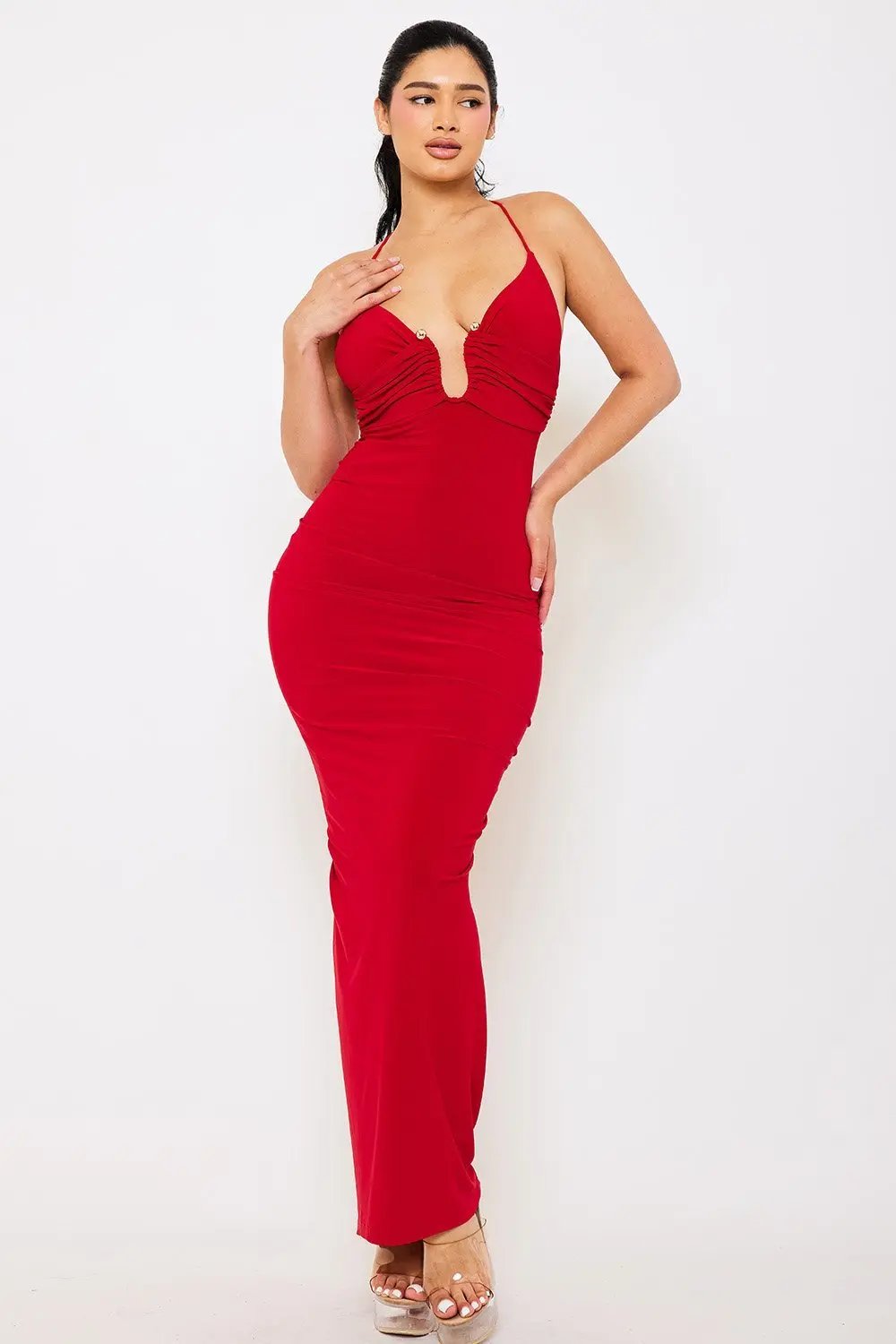 Halter Maxi Dress With Pleated Skirt & Moderate Stretch BOUTINIE