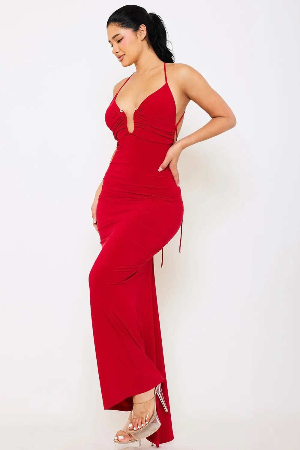 Halter Maxi Dress With Pleated Skirt & Moderate Stretch BOUTINIE