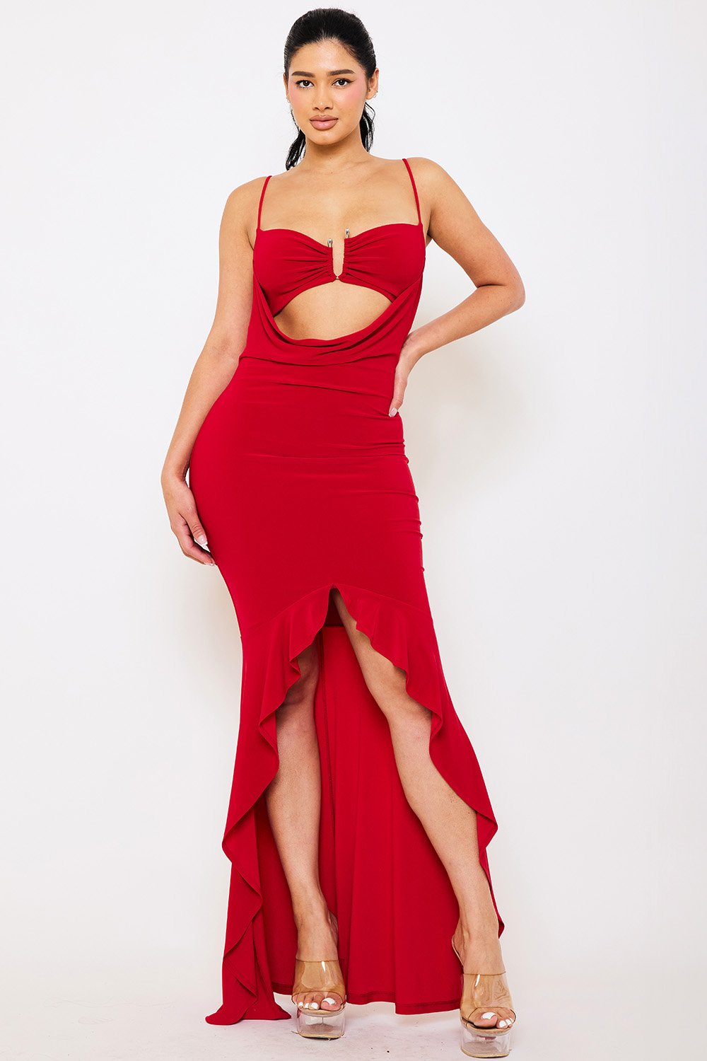 Bralette Top Maxi Dress - U Shape Buckle & Ruffle Hem Slip-On Dress BOUTINIE