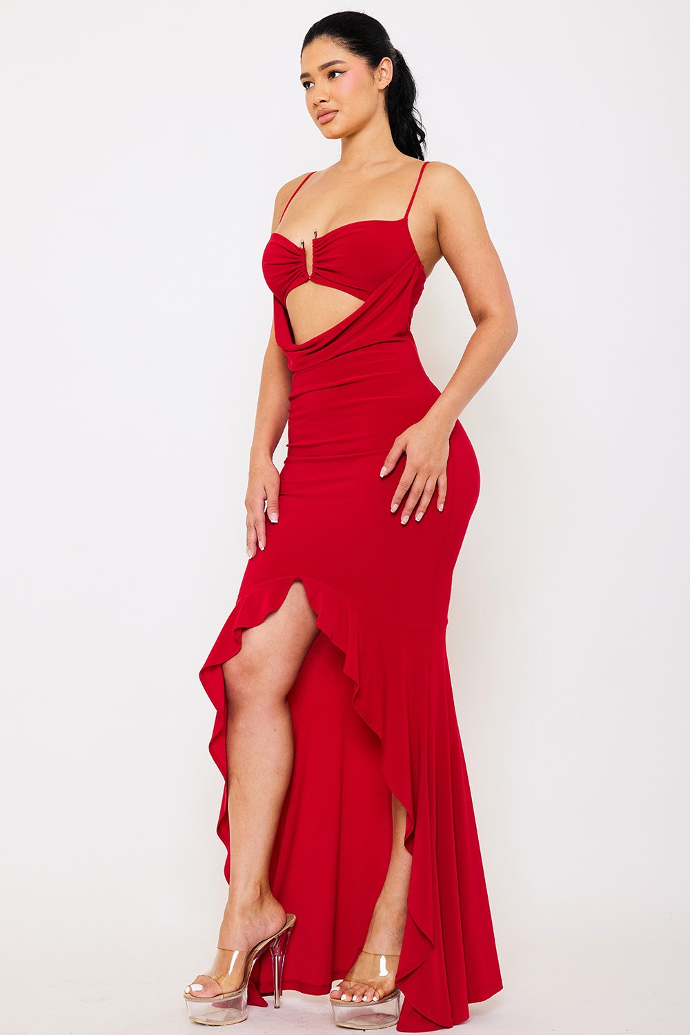 Bralette Top Maxi Dress - U Shape Buckle & Ruffle Hem Slip-On Dress BOUTINIE