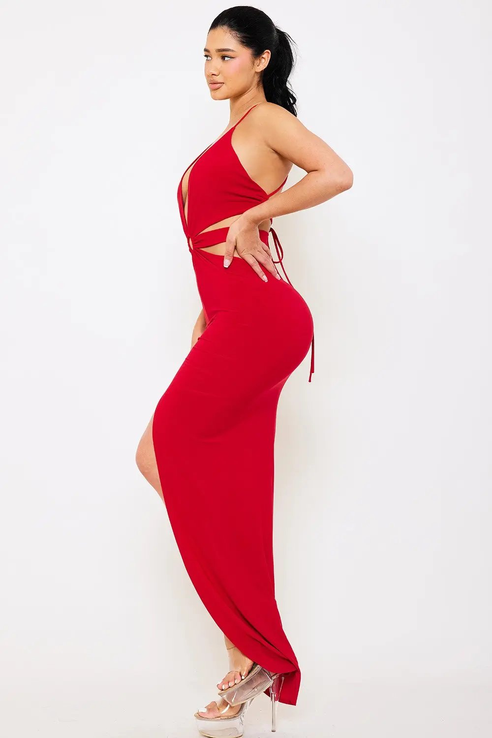 Halter Neck Maxi Dress | Plunging V Neck & High Low Hem BOUTINIE