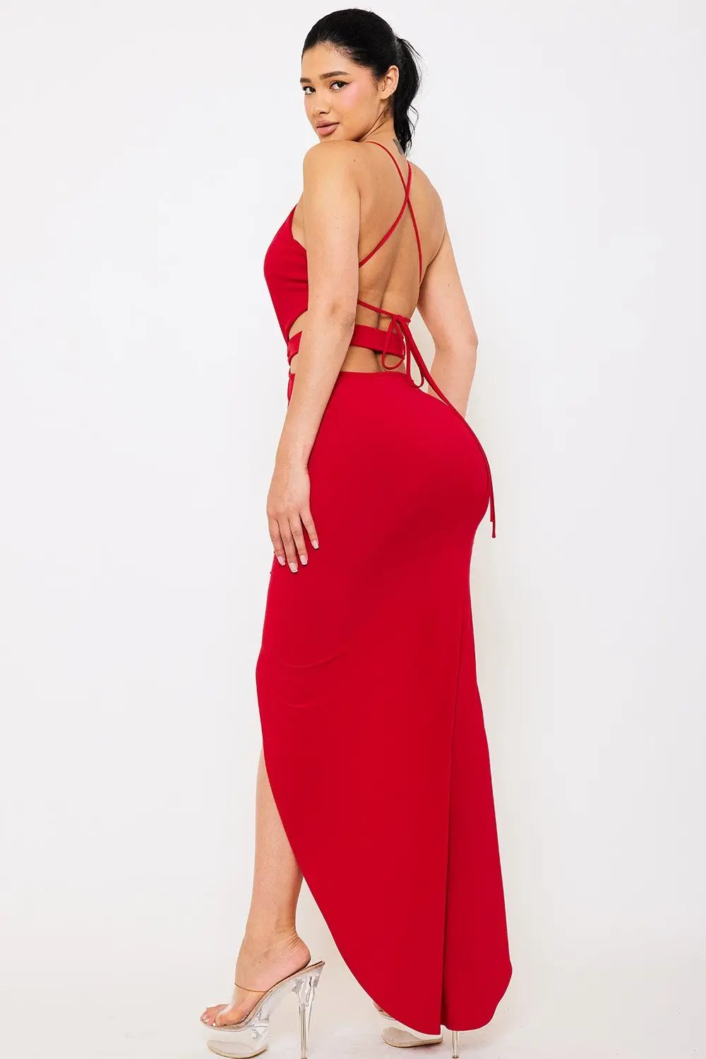 Halter Neck Maxi Dress | Plunging V Neck & High Low Hem BOUTINIE