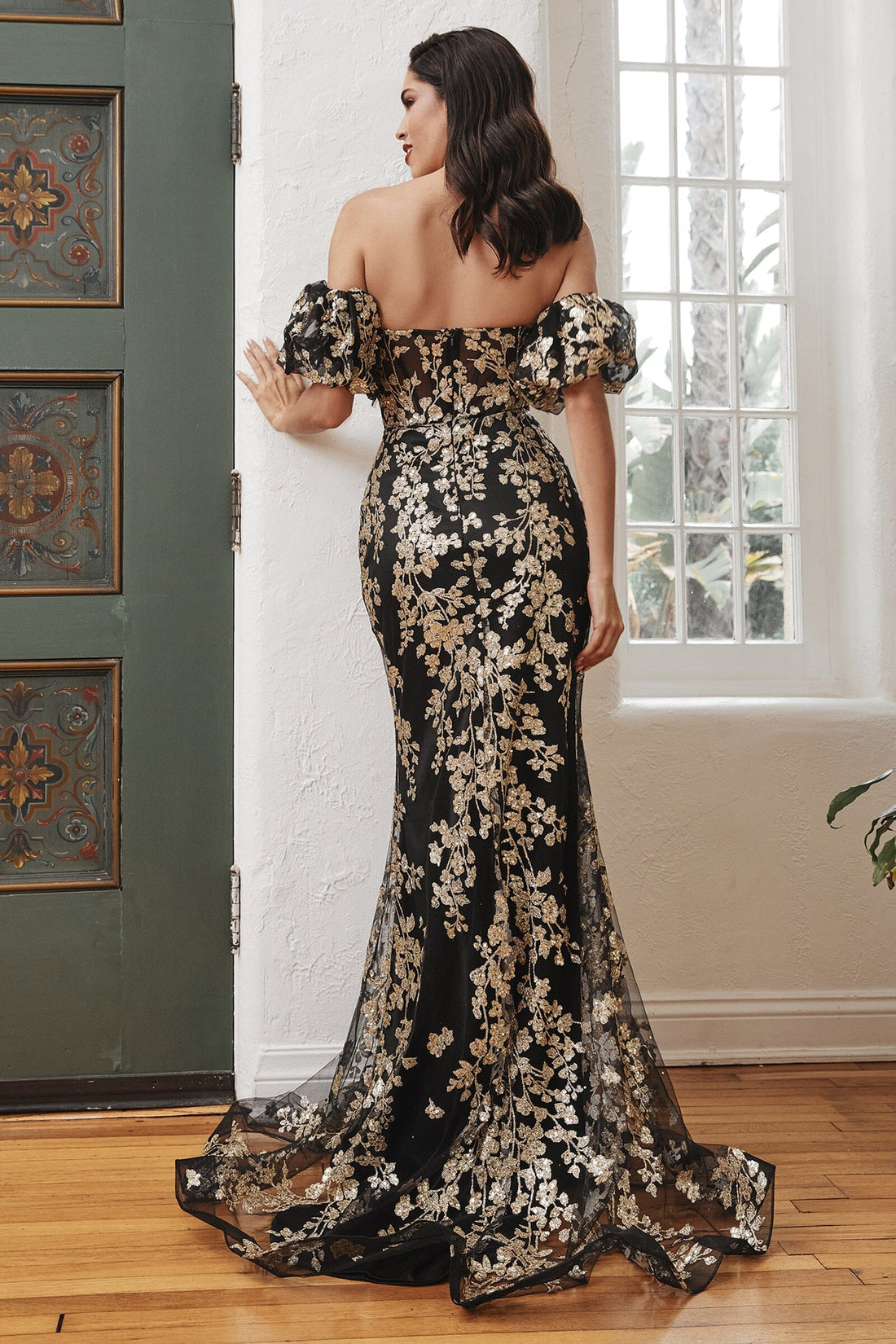 Floral Glitter Fitted Puff Sleeve Gown by Ladivine J844 Boutinie 