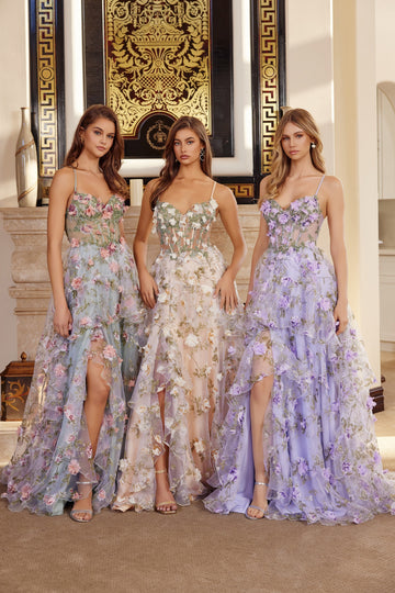3D Floral Sleeveless Tiered Slit Gown by Nox Anabel G1783