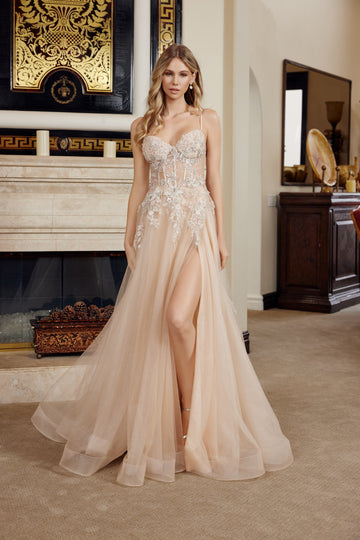 Applique Sleeveless A-line Slit Gown by Nox Anabel G1787