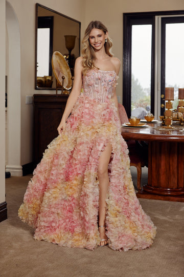 3D Floral Strapless A-line Slit Gown by Nox Anabel G1790